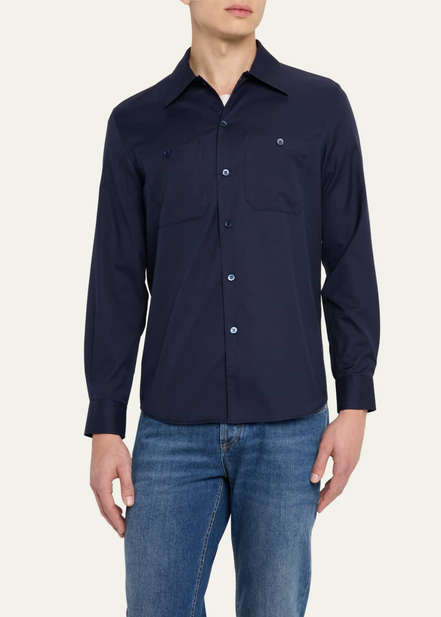 Brunello Cucinelli Men's Twill Two-Pocket Casual Button-Down Shirt Image 4 of 5