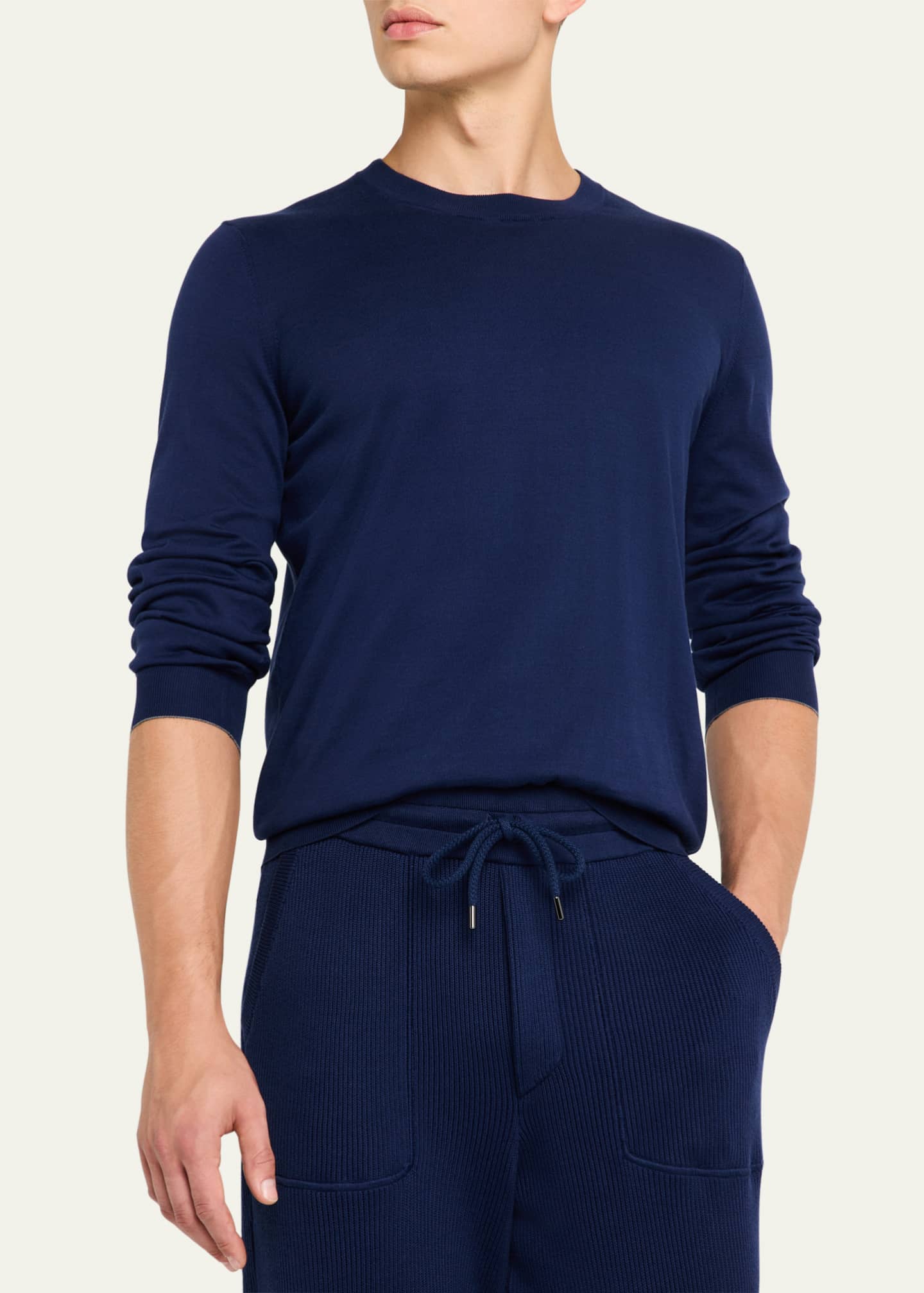 Brunello Cucinelli Men's Cotton Fine Gauge Crewneck Sweater Image 4 of 5