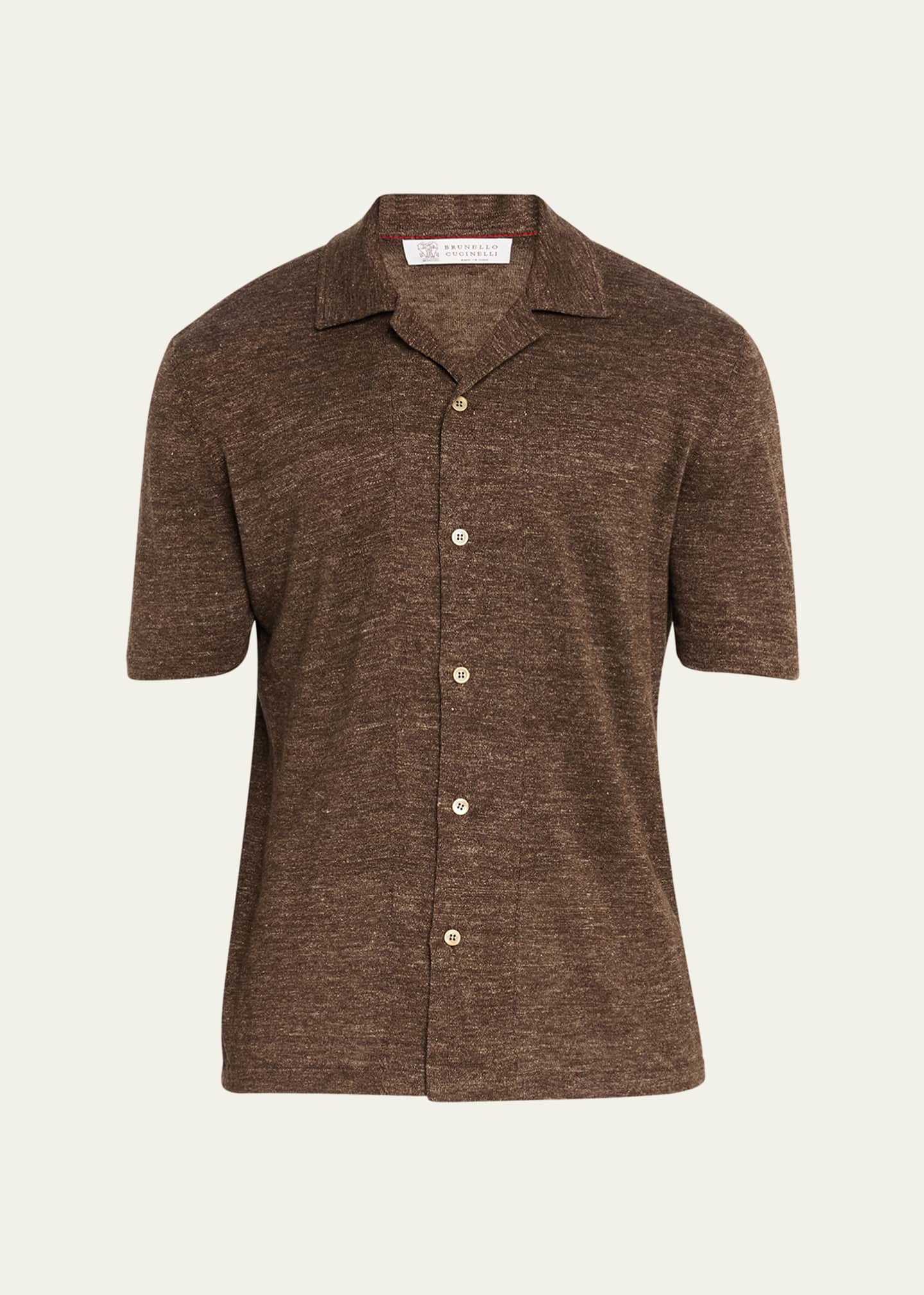 Brunello Cucinelli Men's Linen and Cotton Camp-Collar Polo Sweater Image 1 of 6