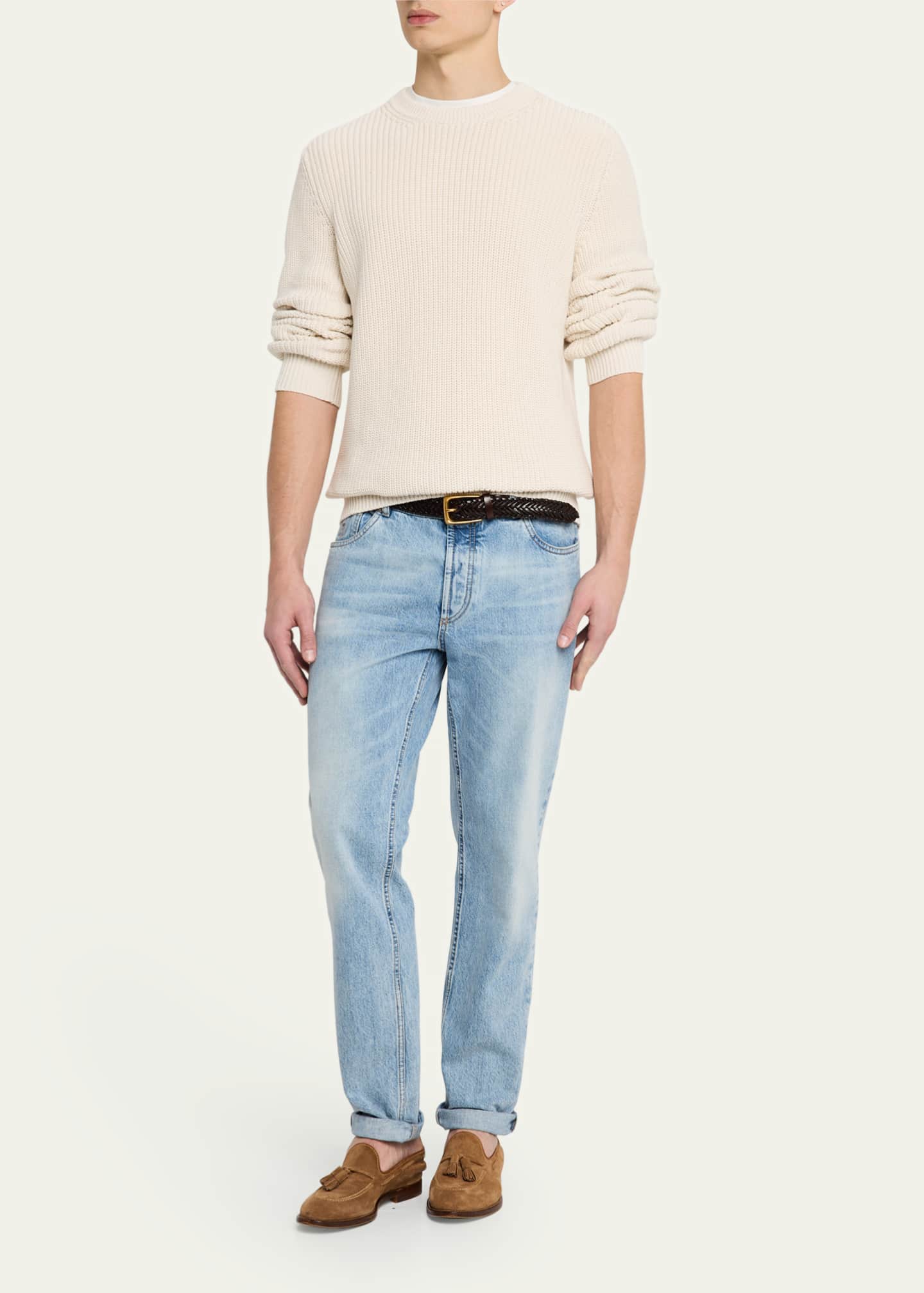 Brunello Cucinelli Men's Ribbed Cotton Crewneck Sweater Image 2 of 4