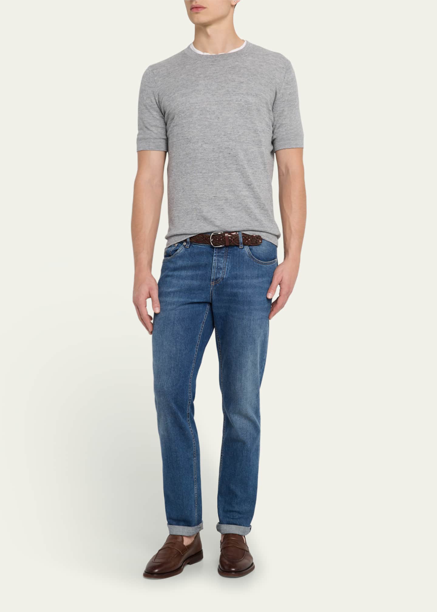 Brunello Cucinelli Men's Linen and Cotton Heathered Crewneck T-Shirt Image 2 of 5