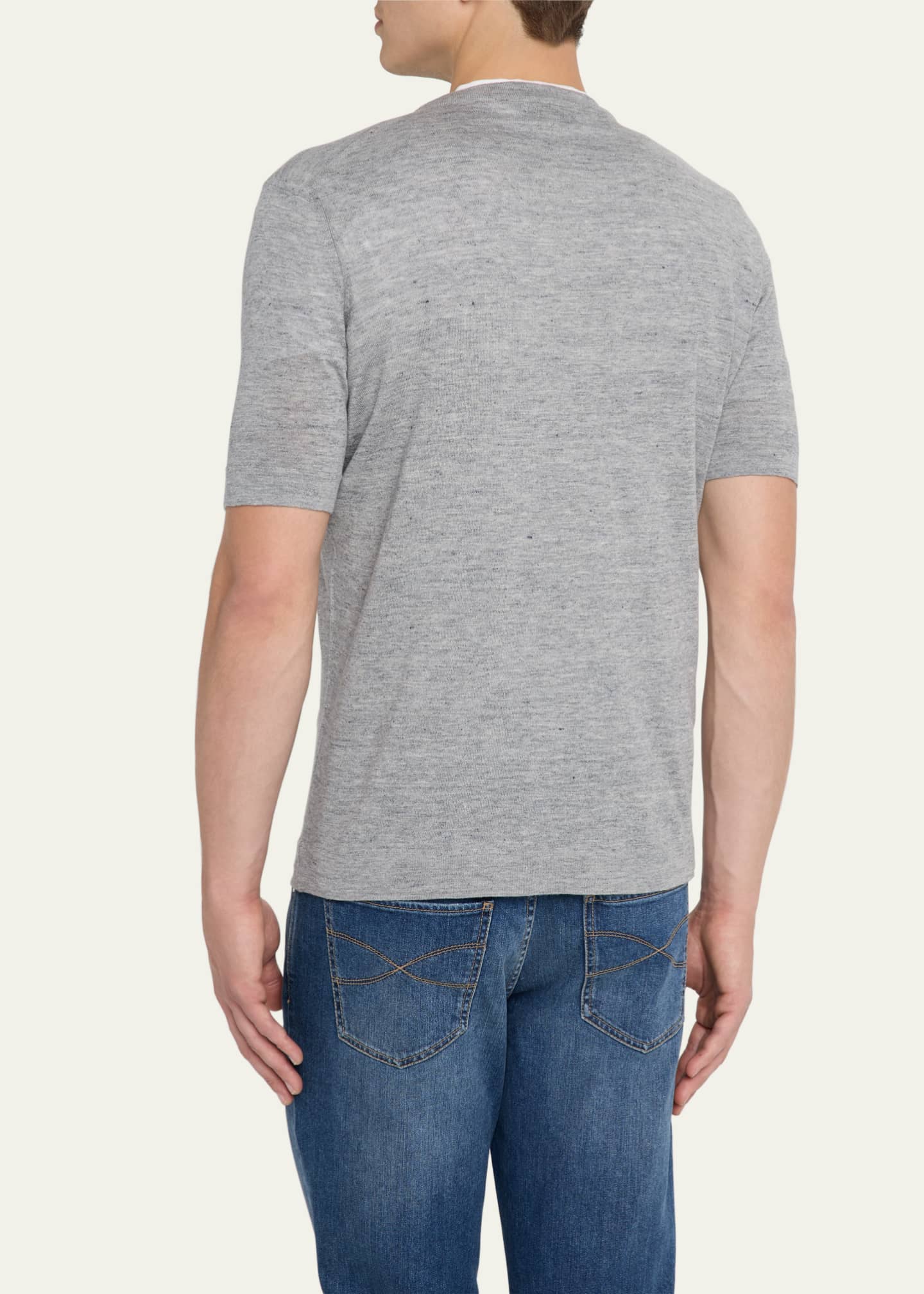 Brunello Cucinelli Men's Linen and Cotton Heathered Crewneck T-Shirt Image 3 of 5
