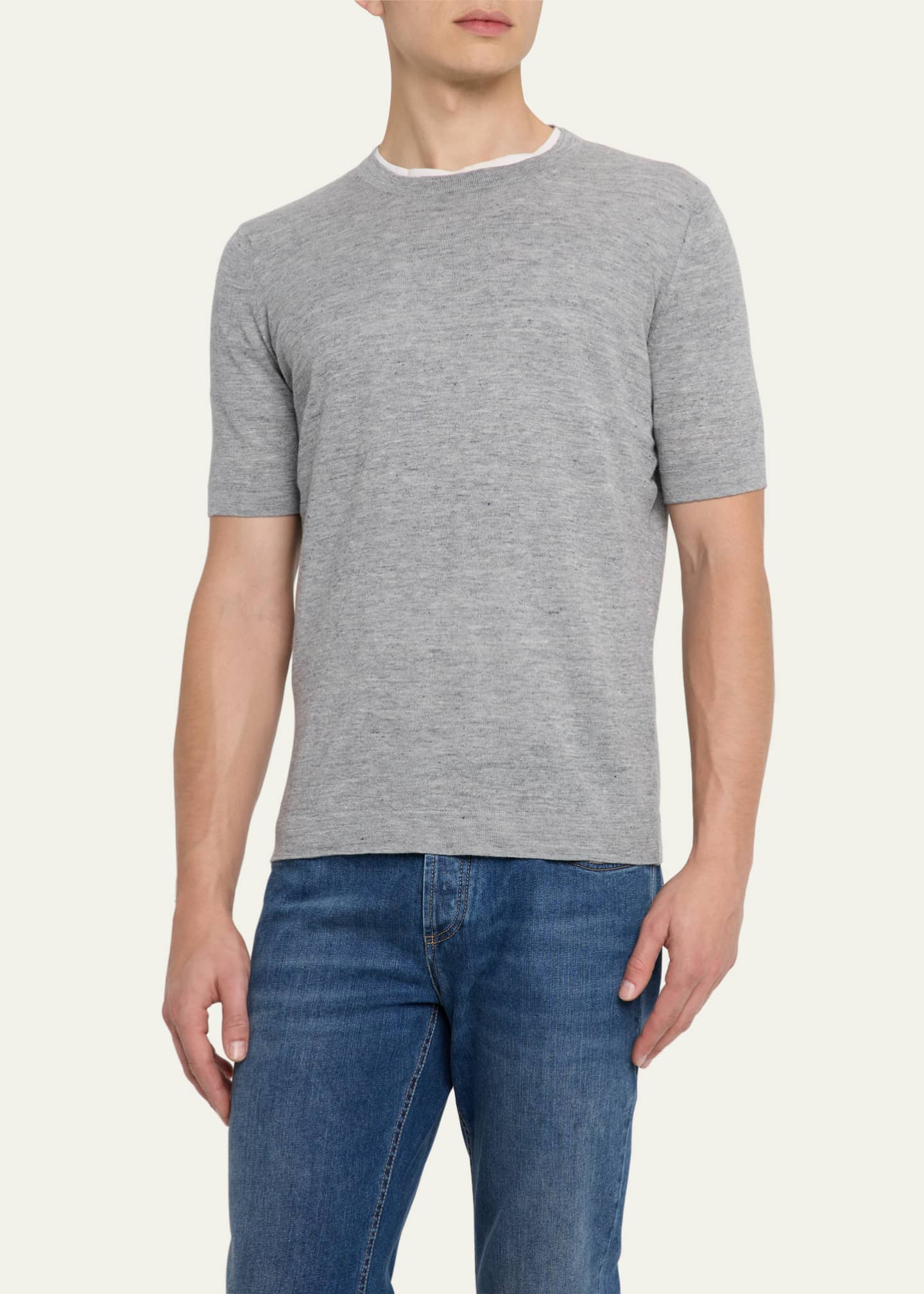 Brunello Cucinelli Men's Linen and Cotton Heathered Crewneck T-Shirt Image 4 of 5