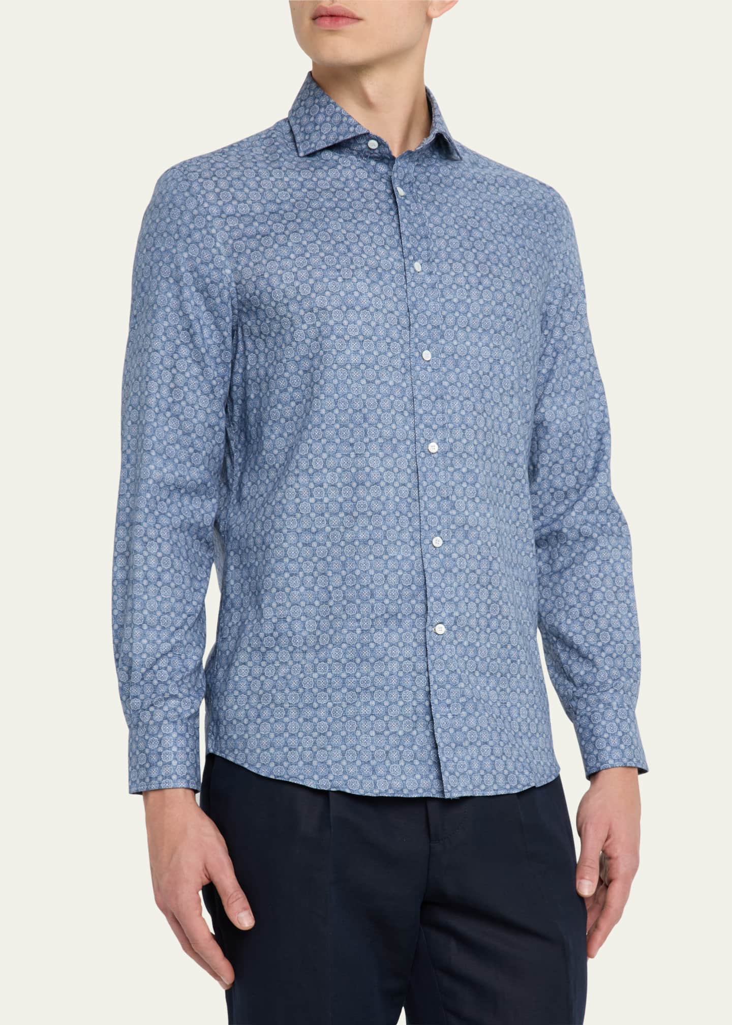 Brunello Cucinelli Men's Geometric Floral Dress Shirt Image 4 of 5