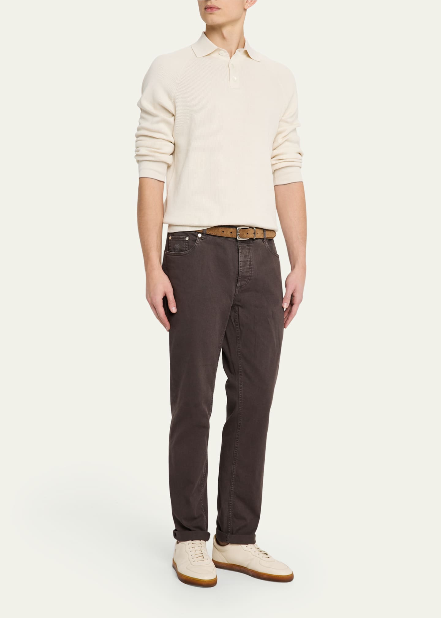 Brunello Cucinelli Men's Cotton Rib Polo Sweater Image 2 of 5