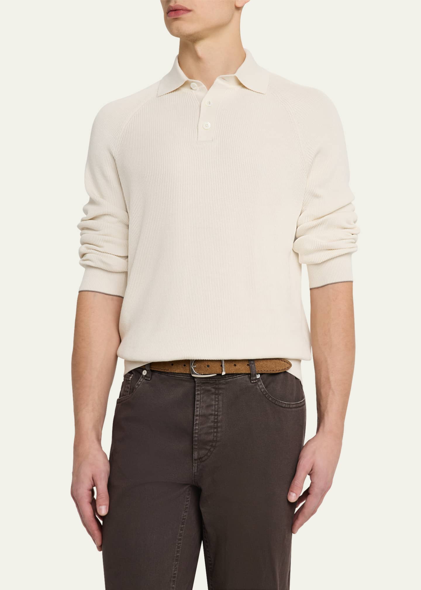 Brunello Cucinelli Men's Cotton Rib Polo Sweater Image 4 of 5
