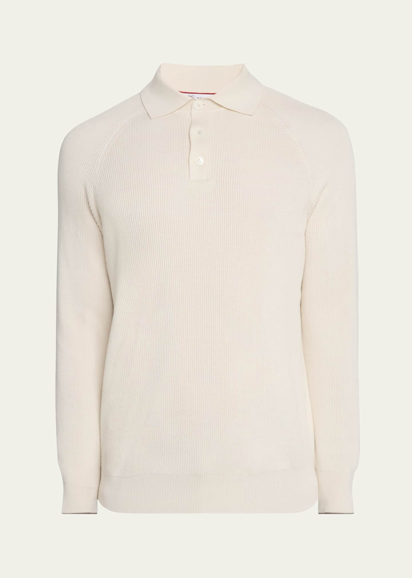 Brunello Cucinelli Men's Cotton Rib Polo Sweater Image 1 of 5