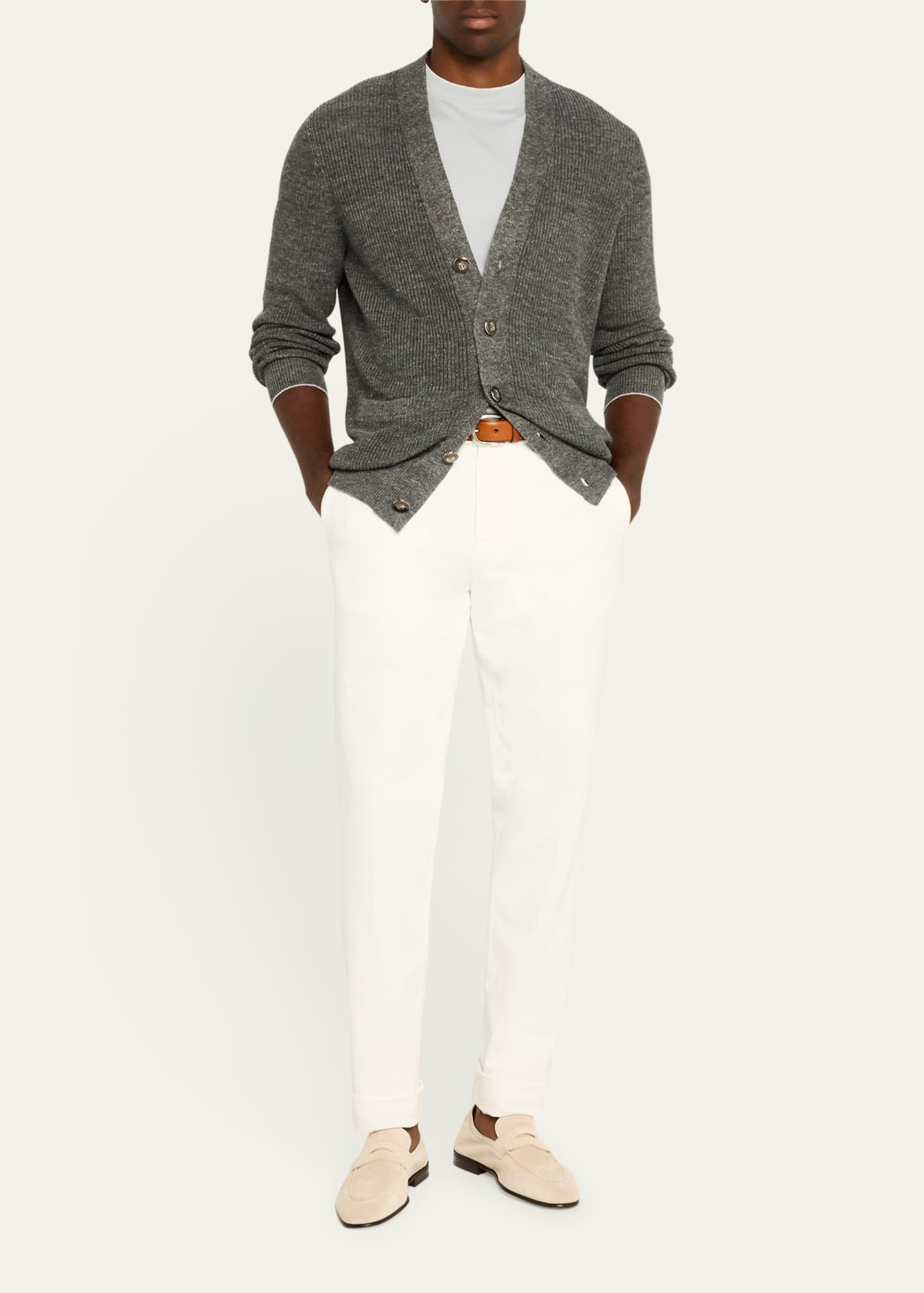 Brunello Cucinelli Men's Linen and Cotton English Rib Cardigan Image 2 of 5
