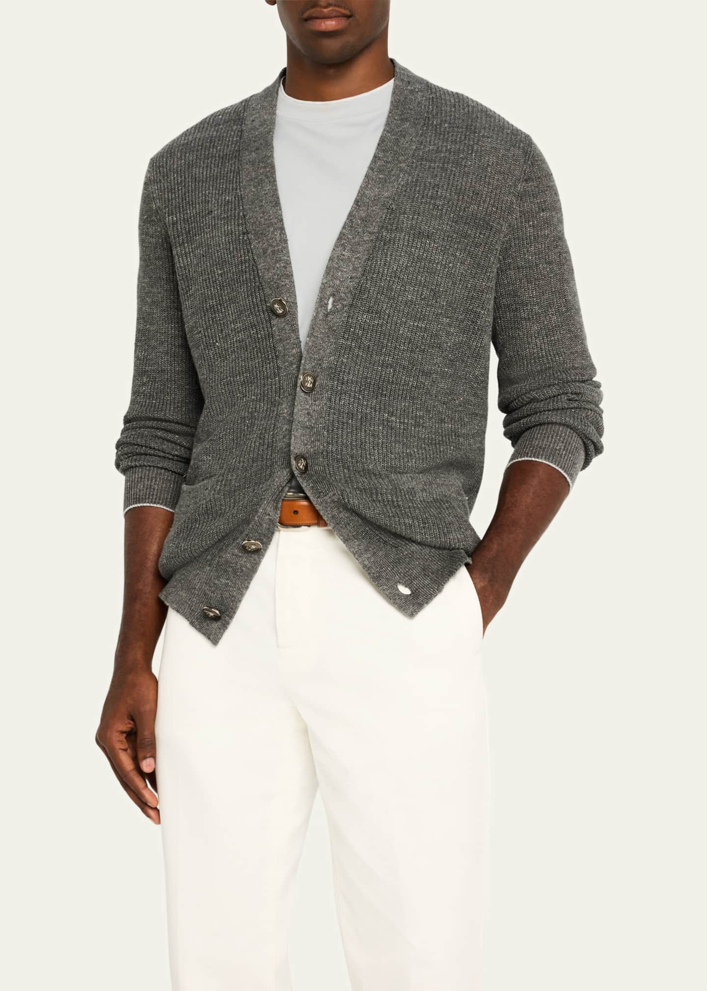 Brunello Cucinelli Men's Linen and Cotton English Rib Cardigan Image 4 of 5