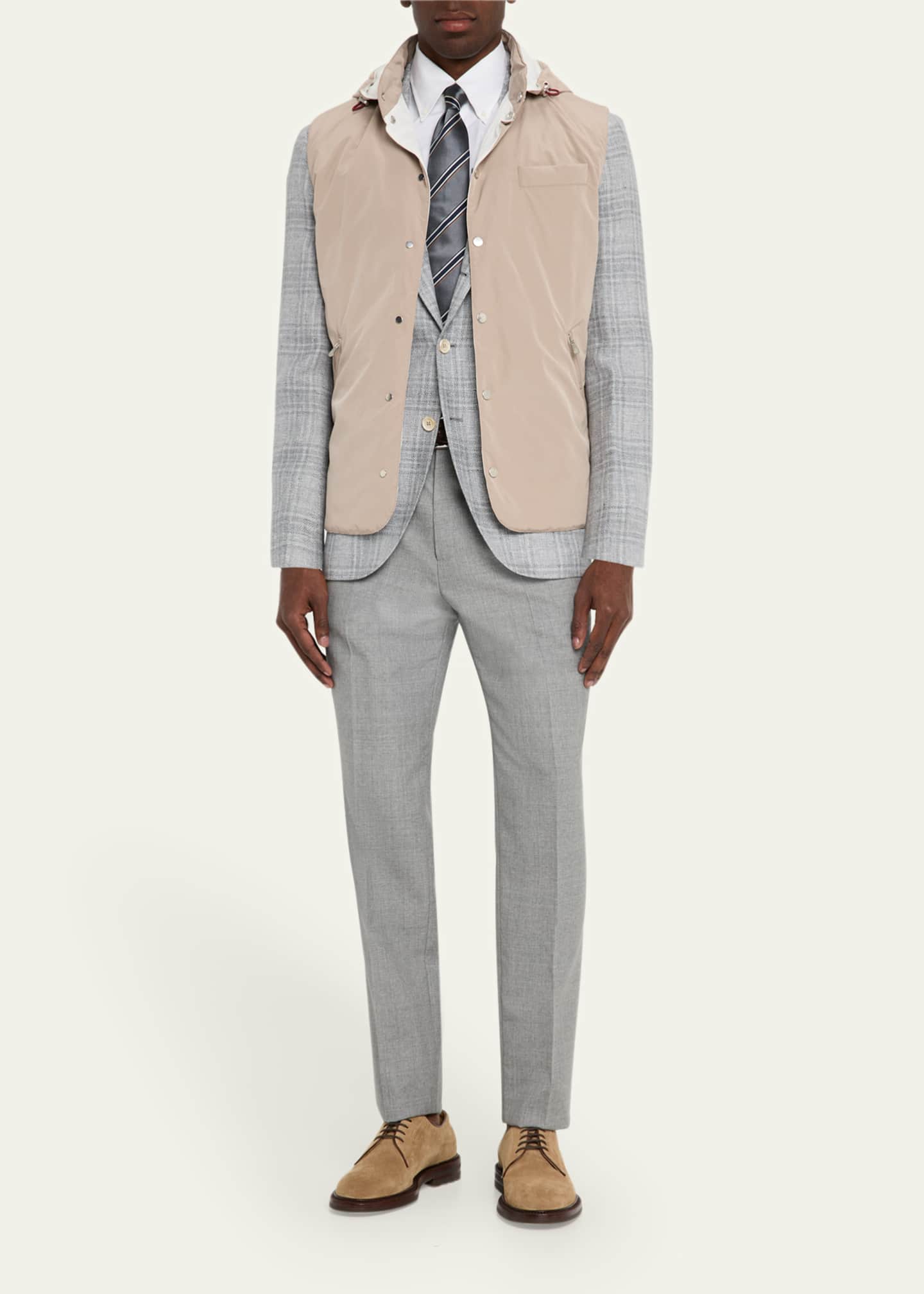 Brunello Cucinelli Men's Microfiber Hooded Snap-Front Vest Image 2 of 5