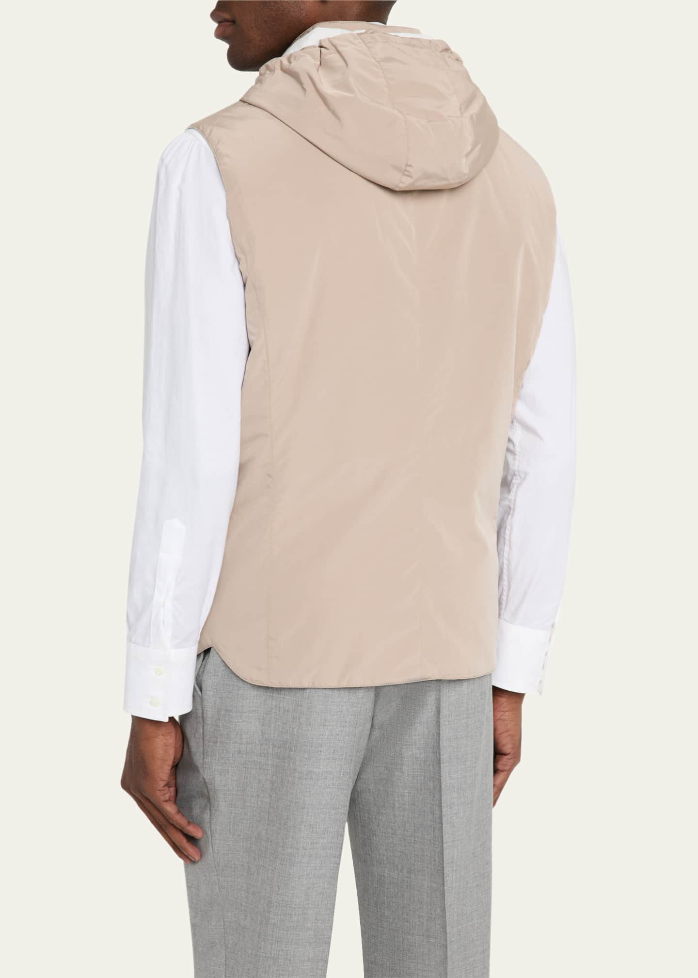 Brunello Cucinelli Men's Microfiber Hooded Snap-Front Vest Image 3 of 5