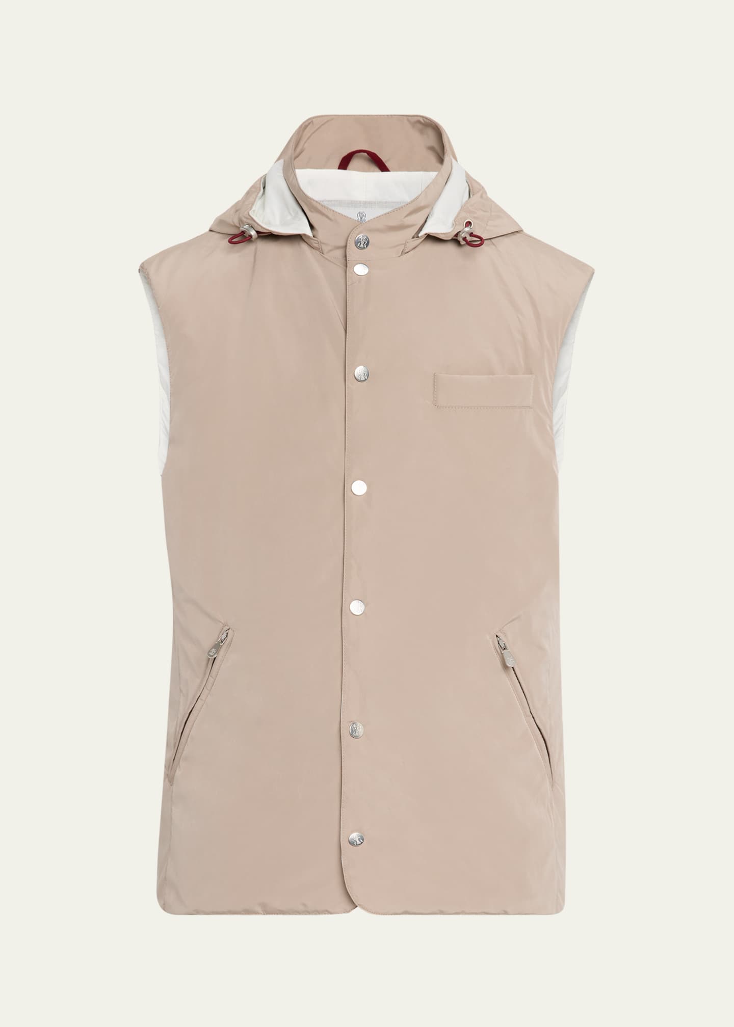 Brunello Cucinelli Men's Microfiber Hooded Snap-Front Vest Image 1 of 5