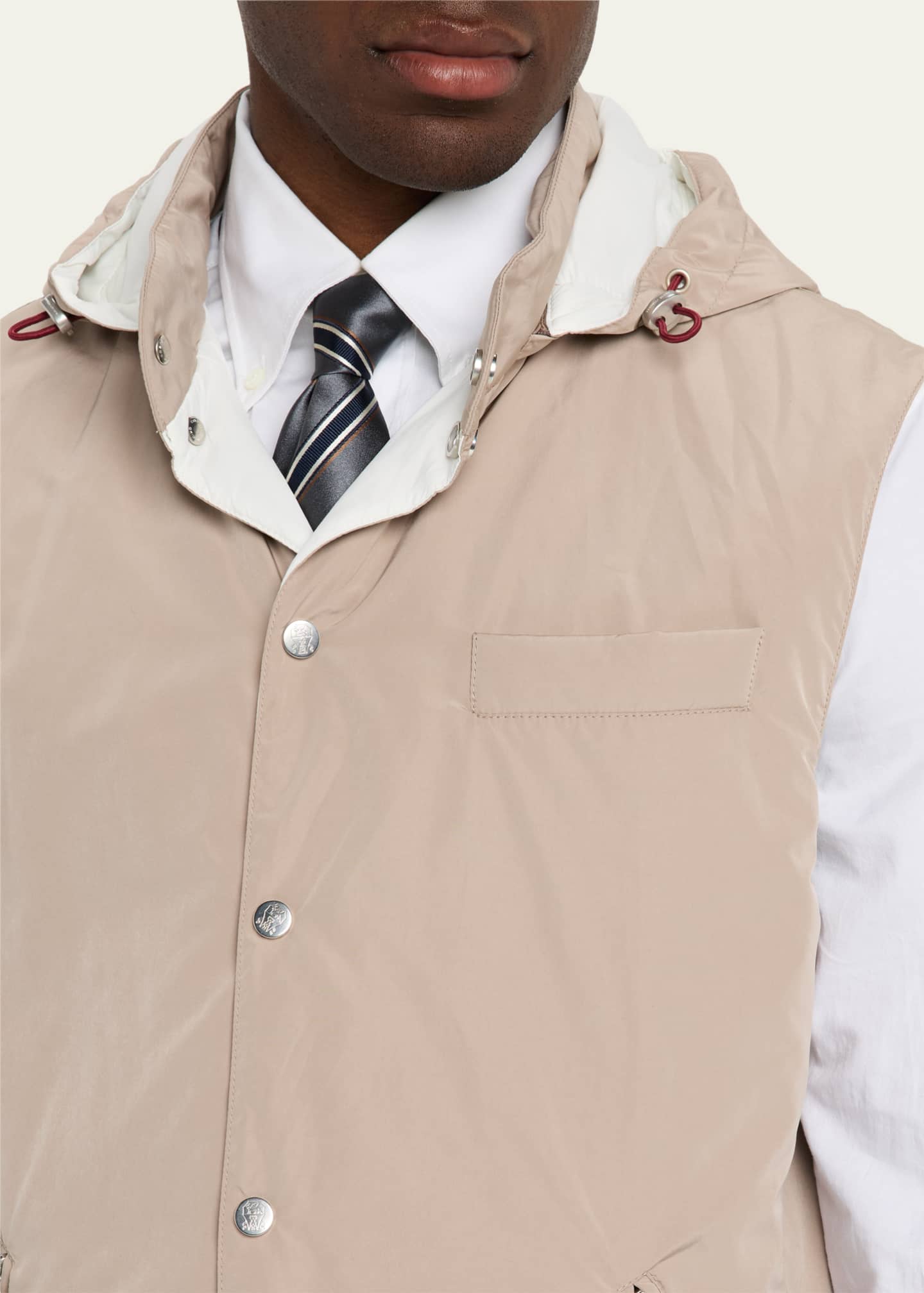 Brunello Cucinelli Men's Microfiber Hooded Snap-Front Vest Image 5 of 5