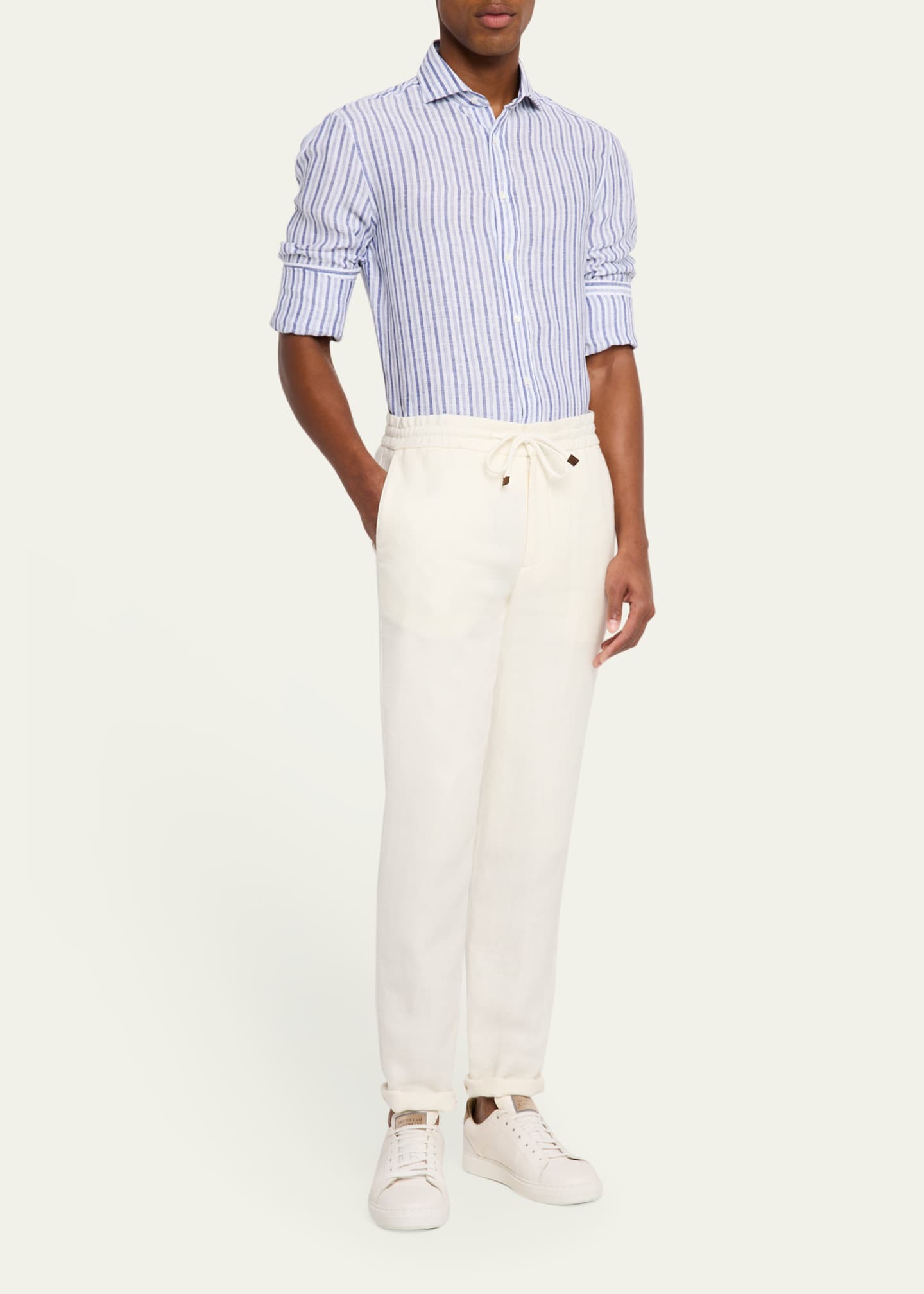 Brunello Cucinelli Men's Linen Multi-Stripe Sport Shirt Image 2 of 5