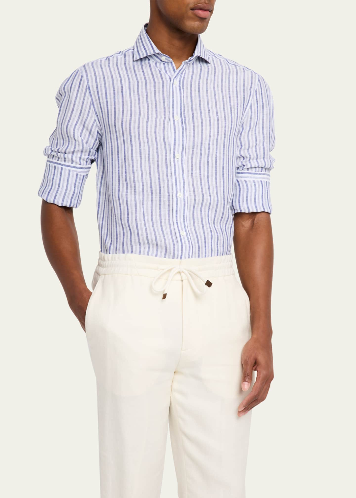 Brunello Cucinelli Men's Linen Multi-Stripe Sport Shirt Image 4 of 5