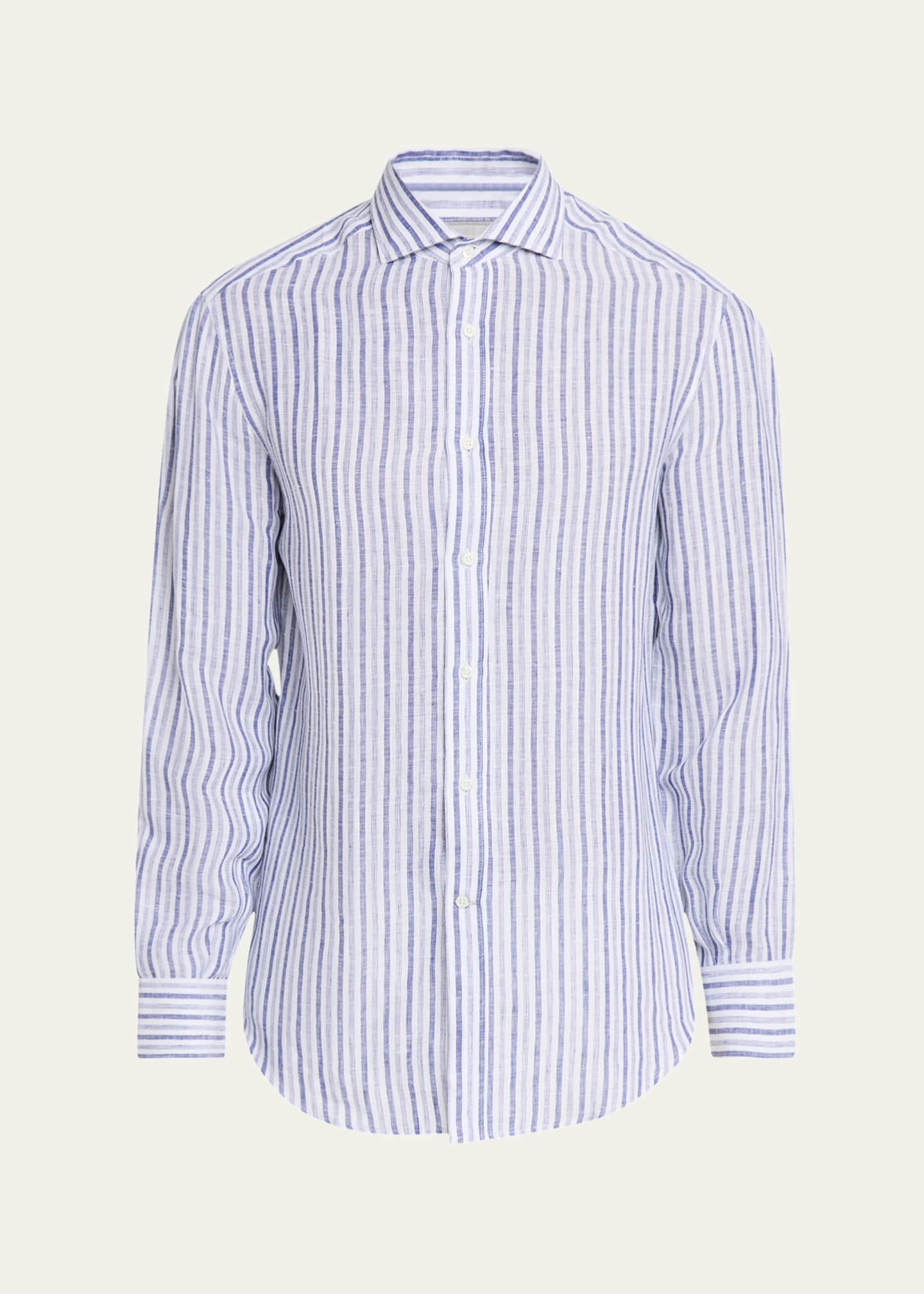 Brunello Cucinelli Men's Linen Multi-Stripe Sport Shirt Image 1 of 5