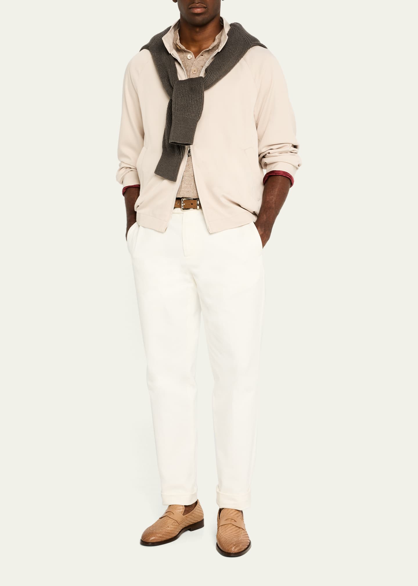 Brunello Cucinelli Men's Linen and Cotton Henley Short-Sleeve Sweater Image 2 of 5