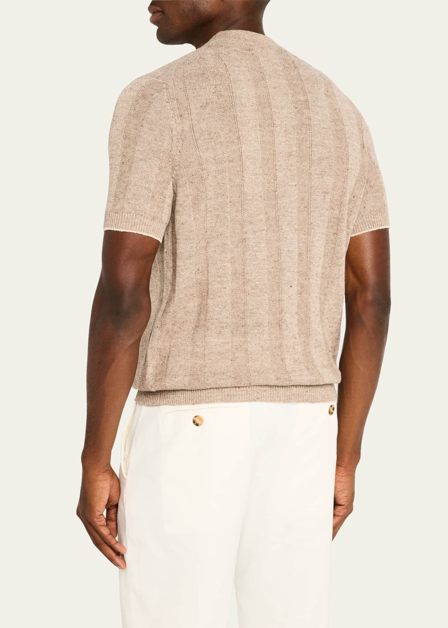 Brunello Cucinelli Men's Linen and Cotton Henley Short-Sleeve Sweater Image 3 of 5