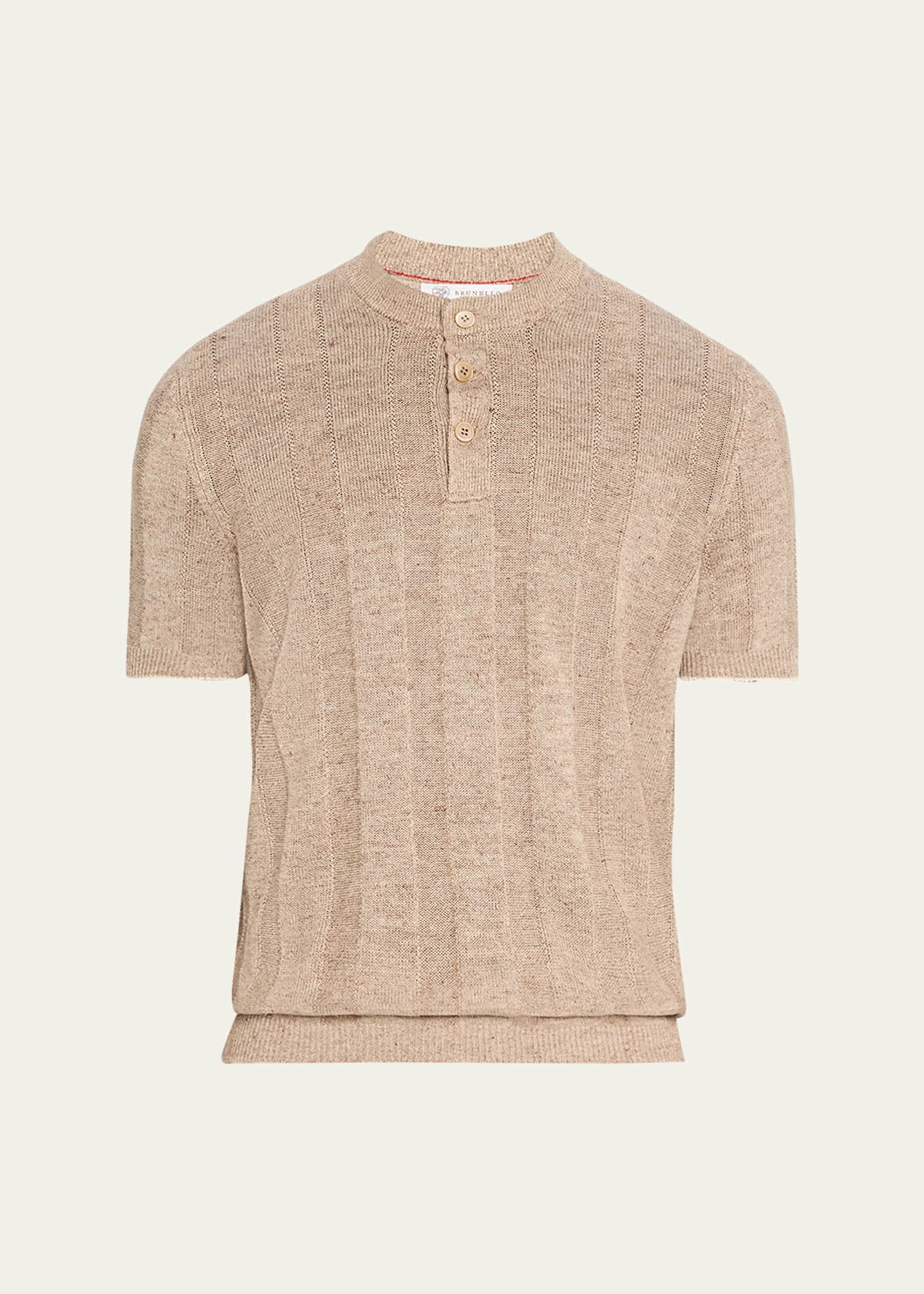 Brunello Cucinelli Men's Linen and Cotton Henley Short-Sleeve Sweater Image 1 of 5