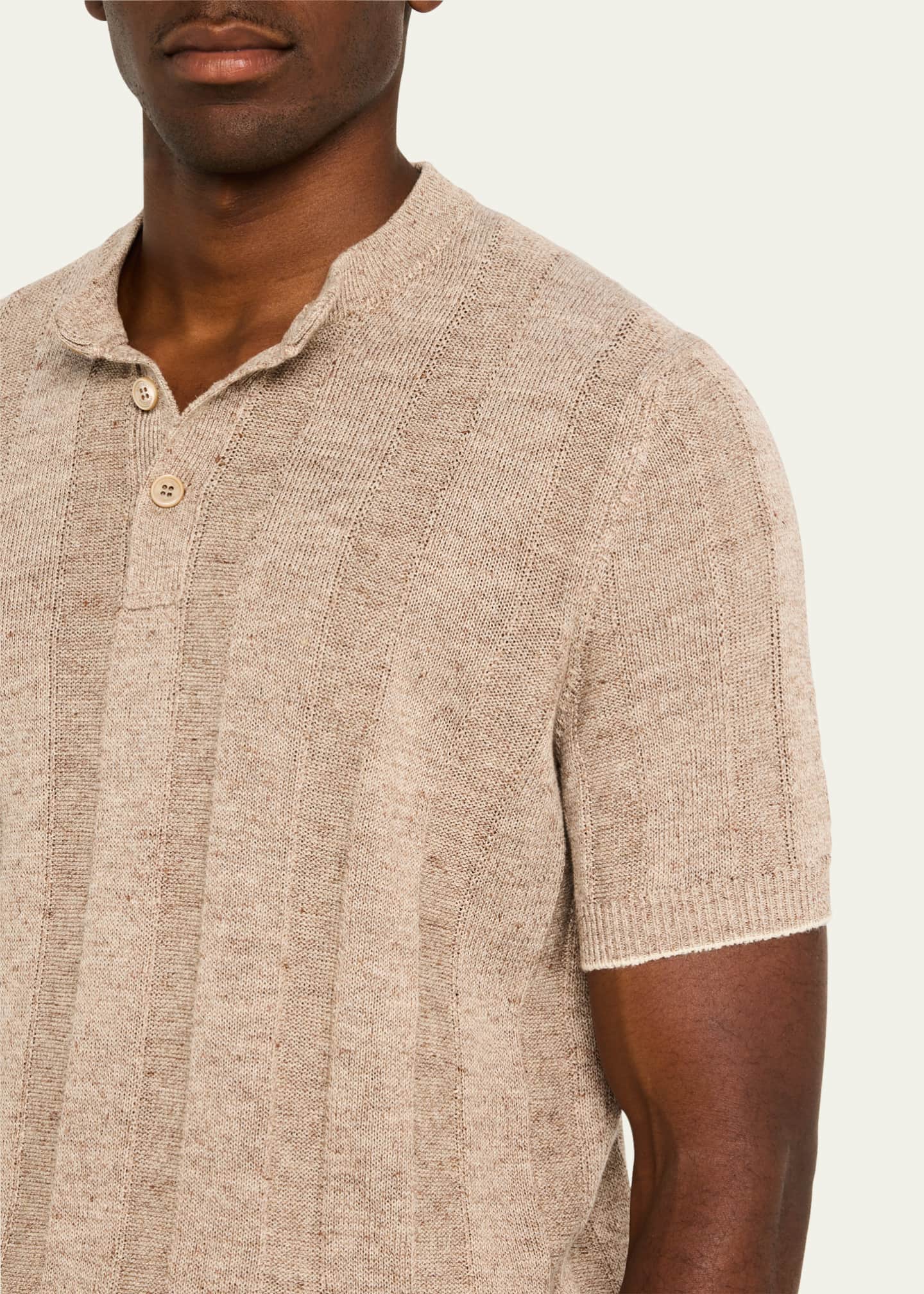 Brunello Cucinelli Men's Linen and Cotton Henley Short-Sleeve Sweater Image 5 of 5