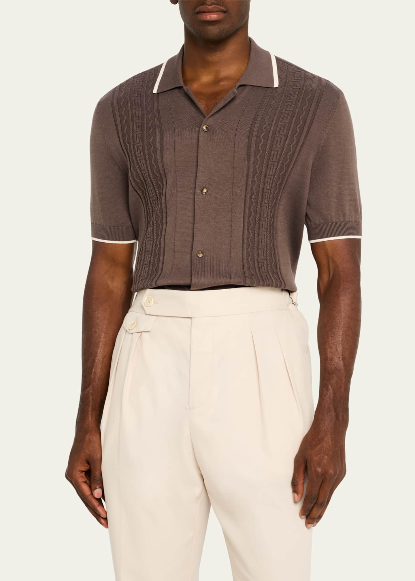 Brunello Cucinelli Men's Jacquard Short-Sleeve Polo Sweater Image 4 of 5