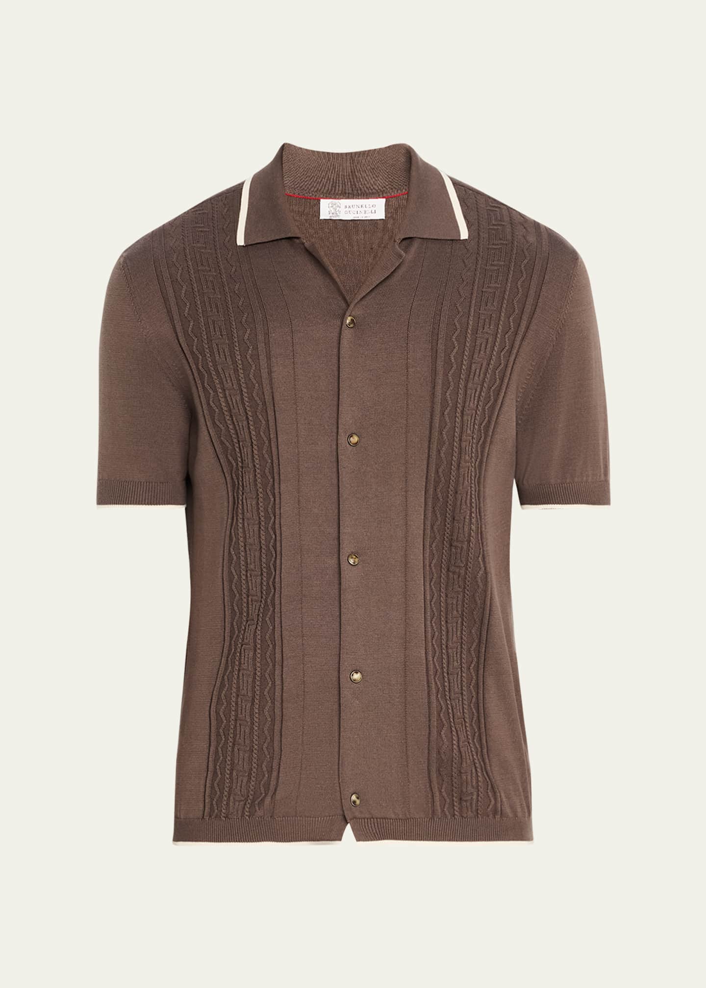 Brunello Cucinelli Men's Jacquard Short-Sleeve Polo Sweater Image 1 of 5