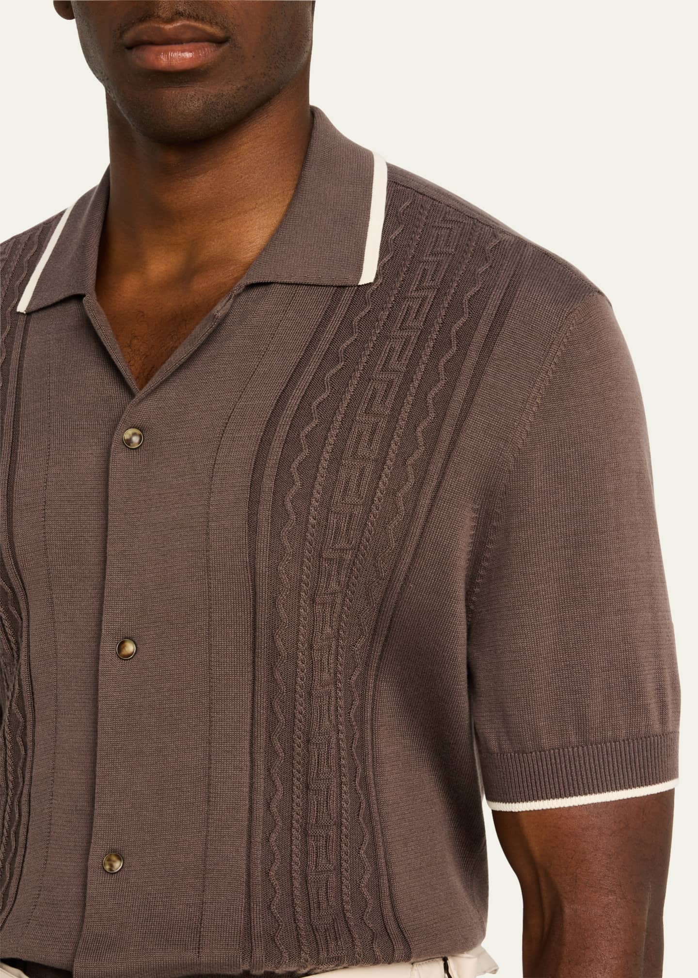 Brunello Cucinelli Men's Jacquard Short-Sleeve Polo Sweater Image 5 of 5