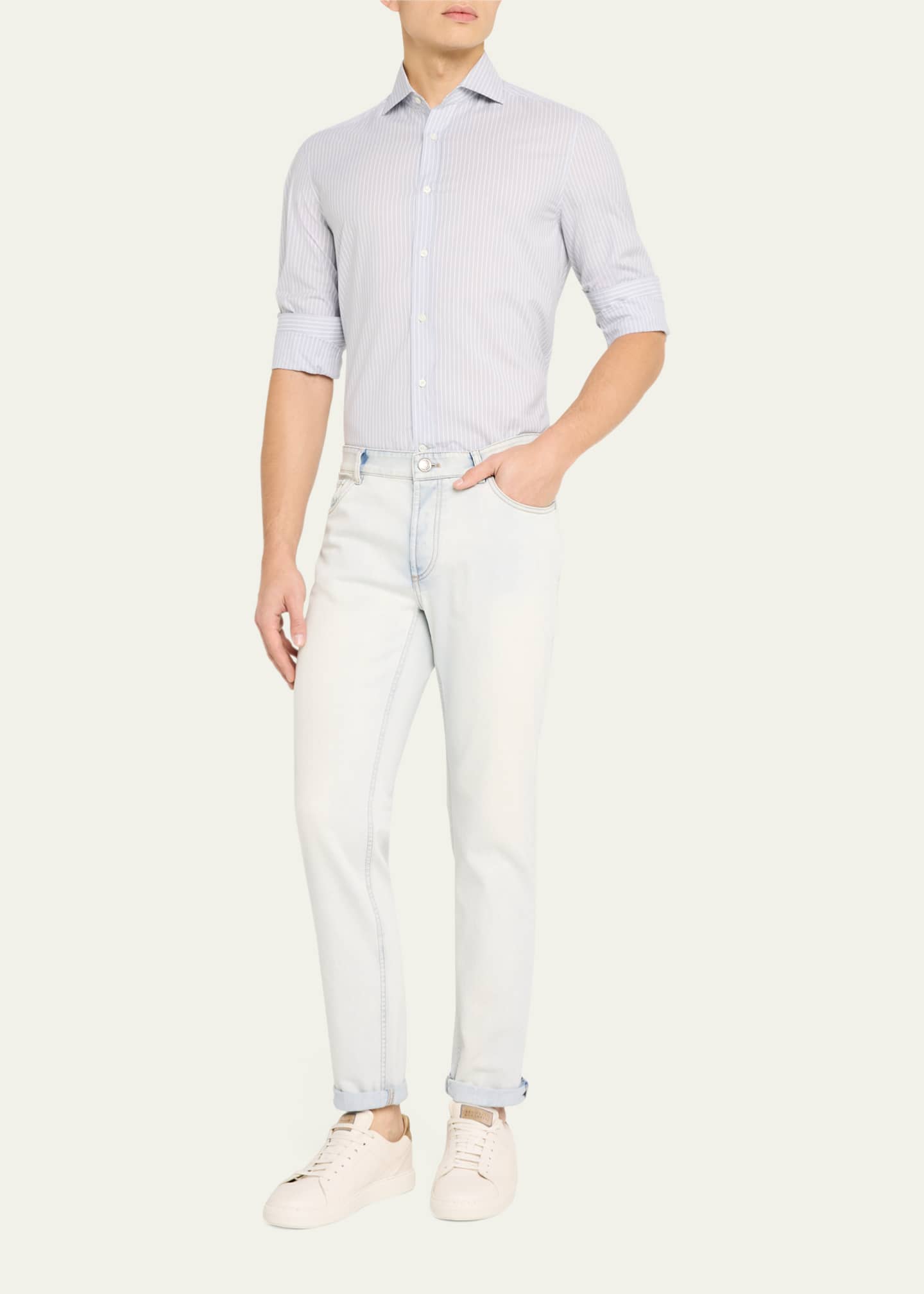 Brunello Cucinelli Men's Cotton Chambray Stripe Sport Shirt Image 2 of 5