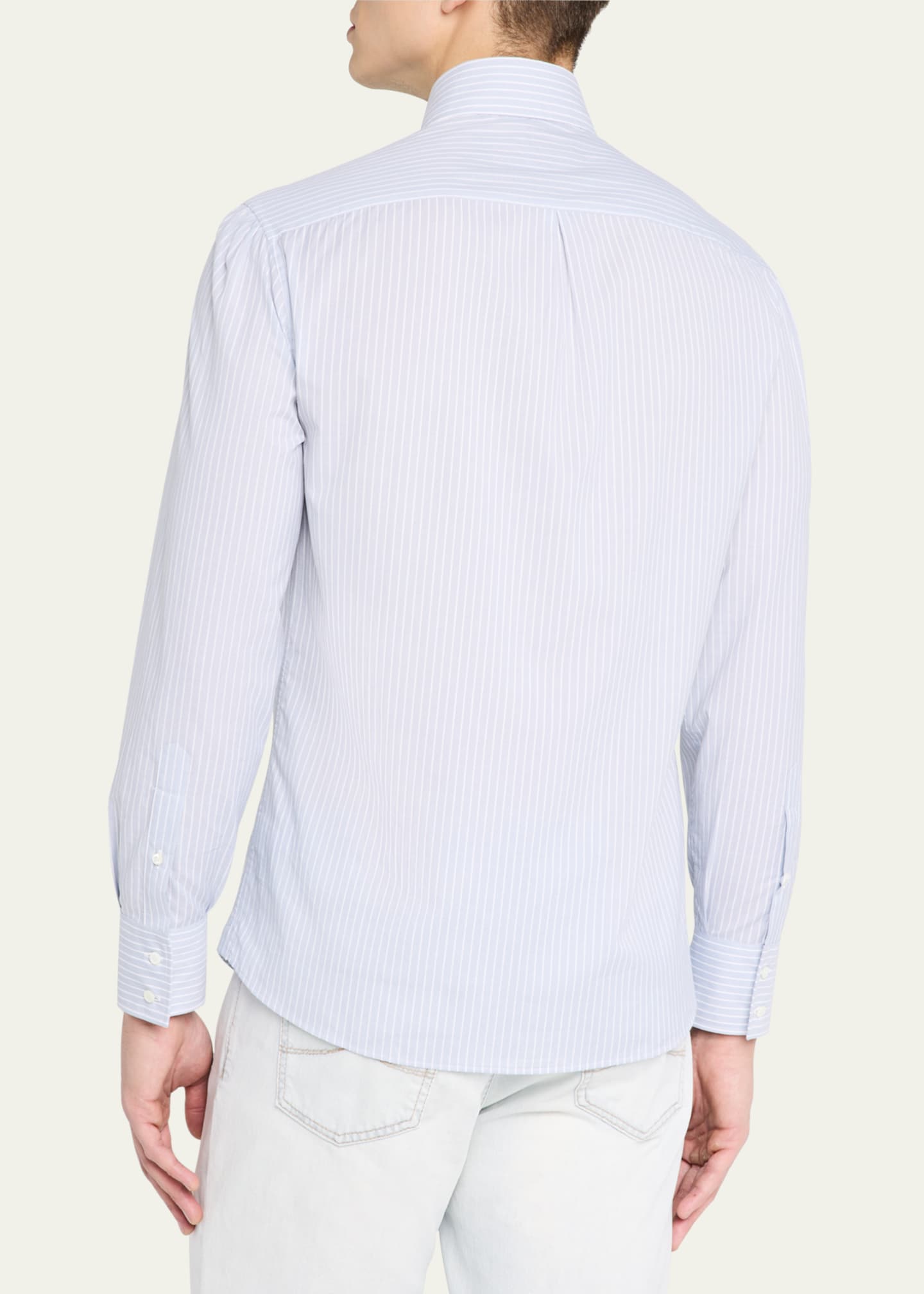 Brunello Cucinelli Men's Cotton Chambray Stripe Sport Shirt Image 3 of 5