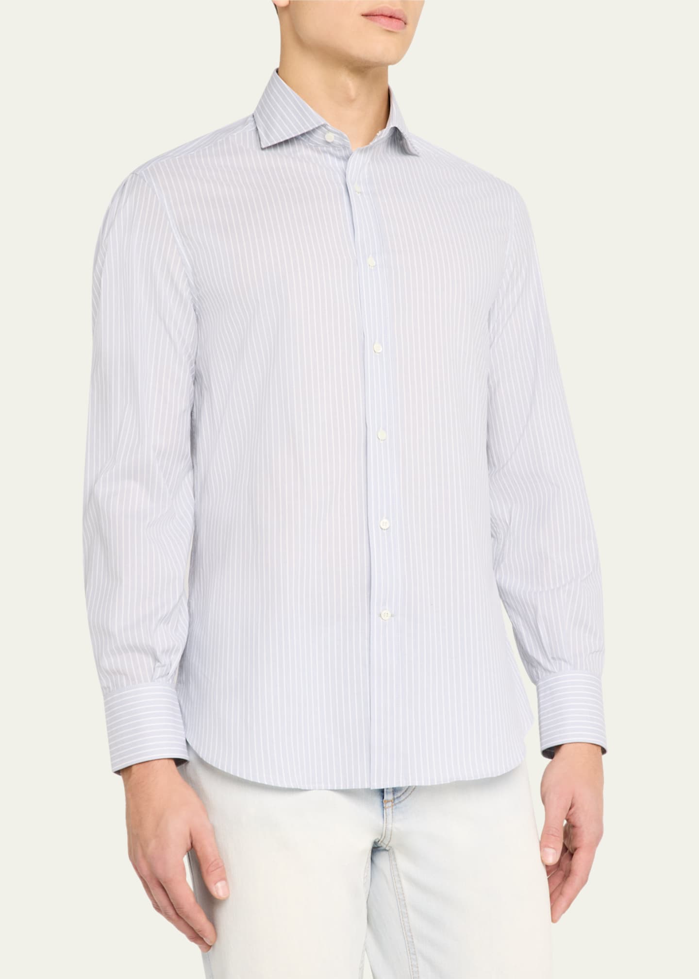 Brunello Cucinelli Men's Cotton Chambray Stripe Sport Shirt Image 4 of 5