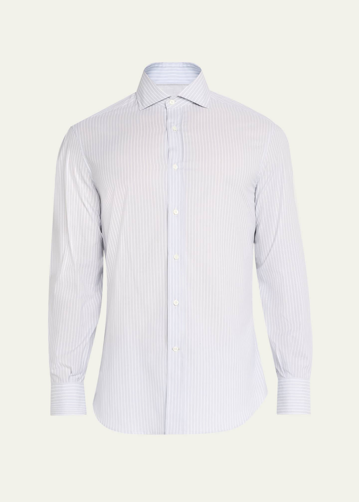 Brunello Cucinelli Men's Cotton Chambray Stripe Sport Shirt Image 1 of 5