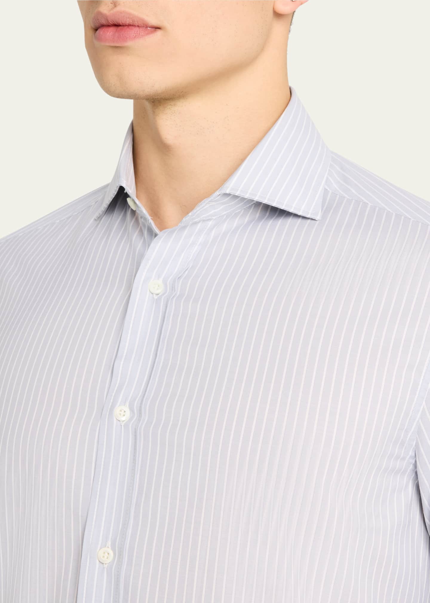 Brunello Cucinelli Men's Cotton Chambray Stripe Sport Shirt Image 5 of 5