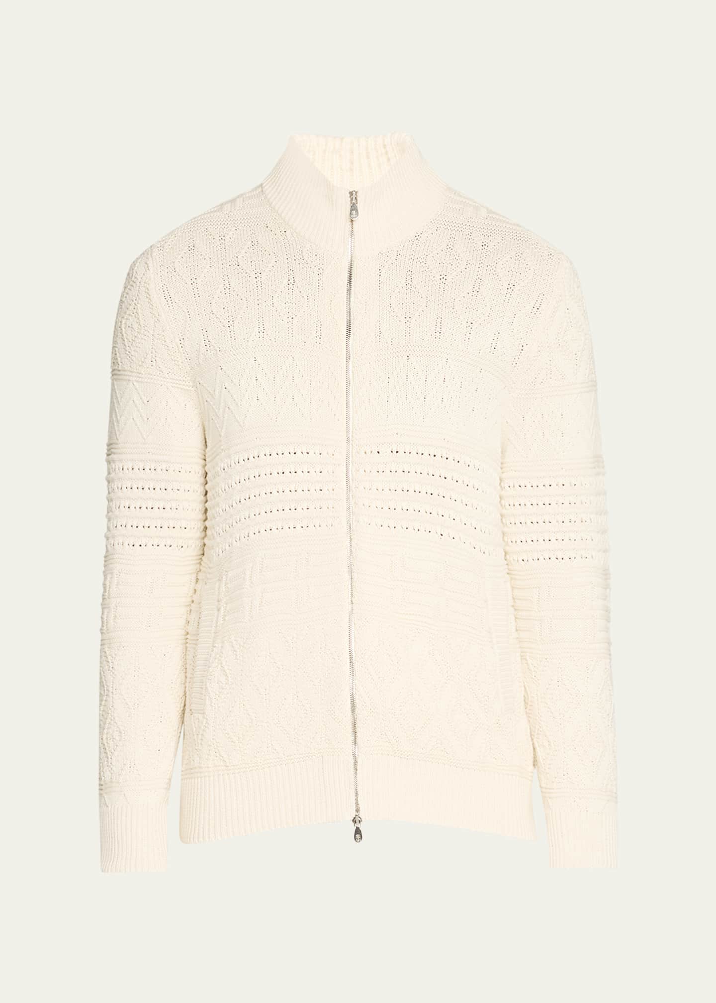 Brunello Cucinelli Men's Chine Multi-Cable Full-Zip Sweater Image 1 of 5