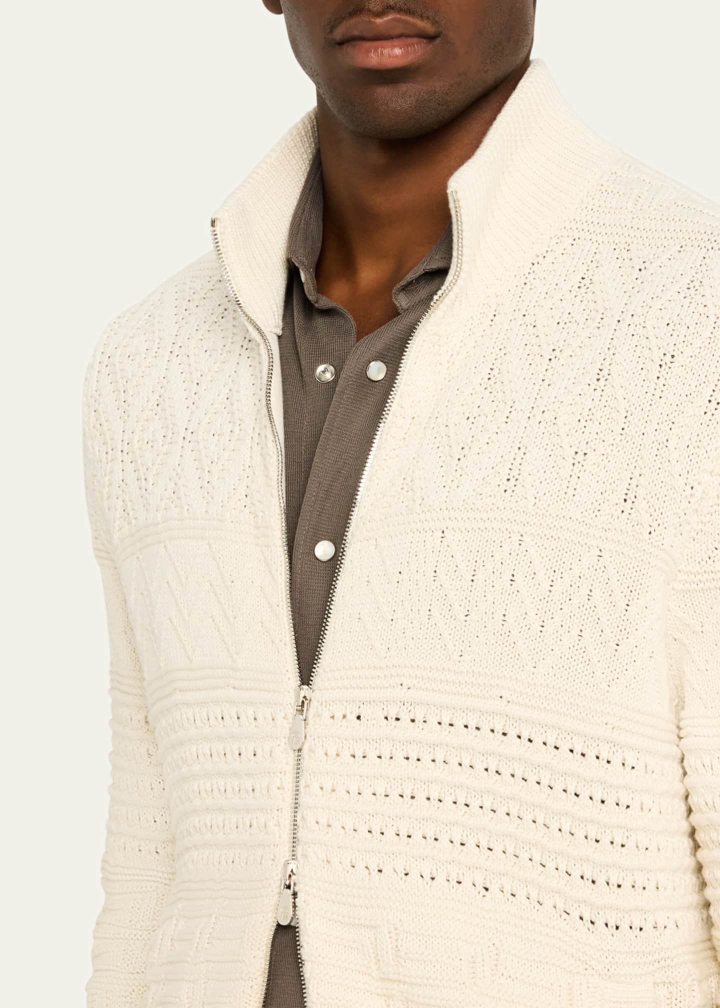Brunello Cucinelli Men's Chine Multi-Cable Full-Zip Sweater Image 5 of 5