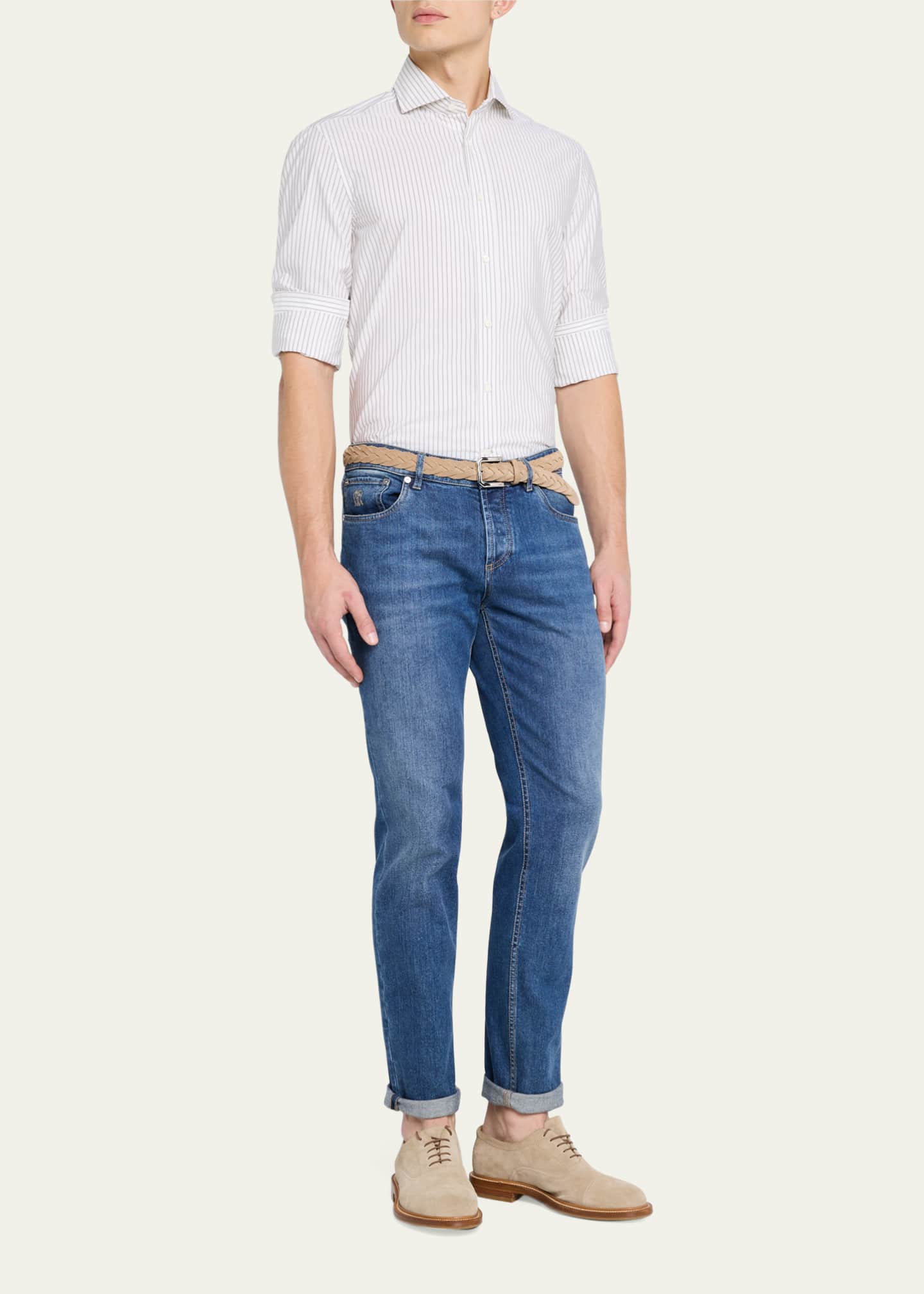 Brunello Cucinelli Men's Cotton Mini Stripe Sport Shirt Image 2 of 5
