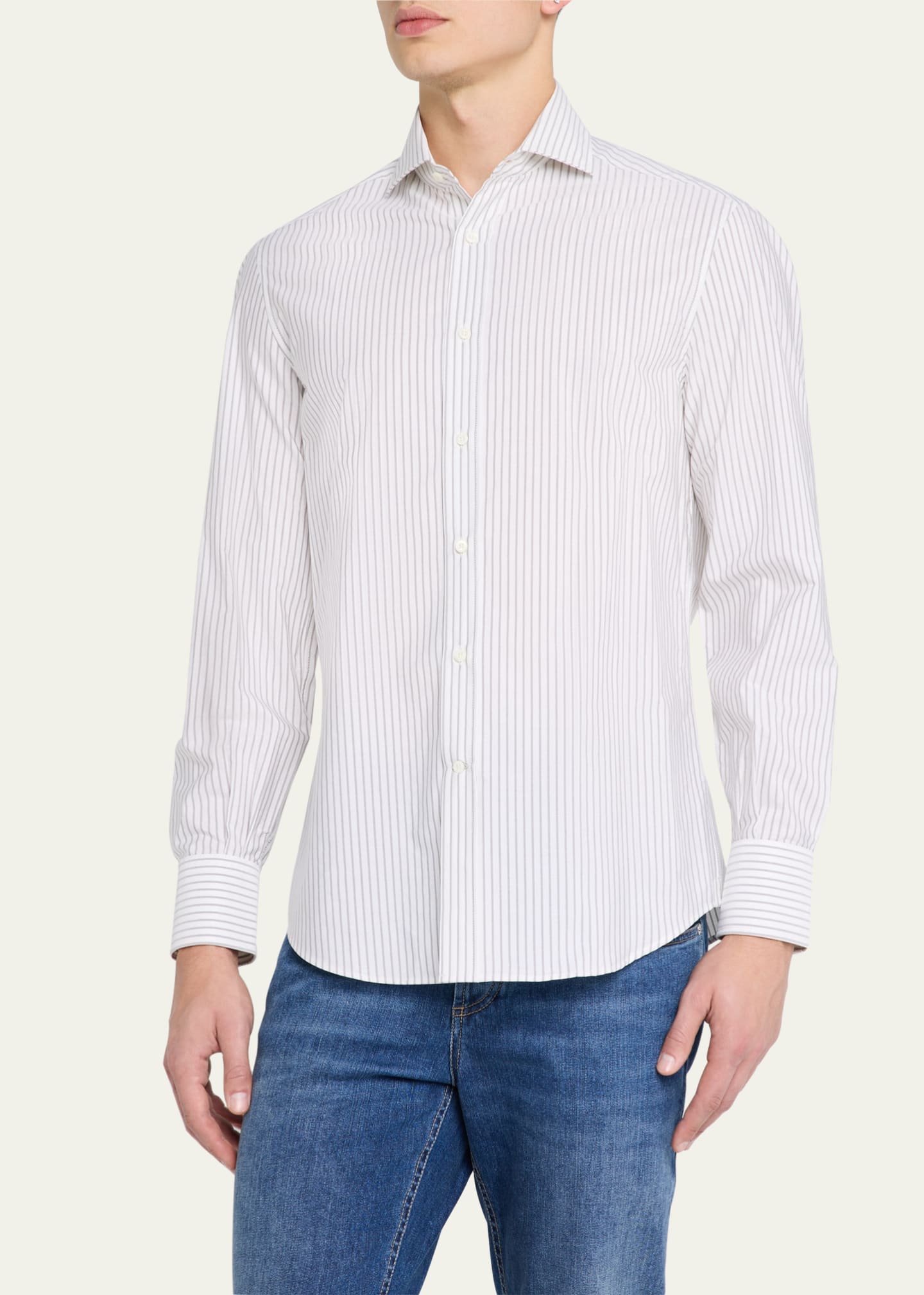 Brunello Cucinelli Men's Cotton Mini Stripe Sport Shirt Image 4 of 5