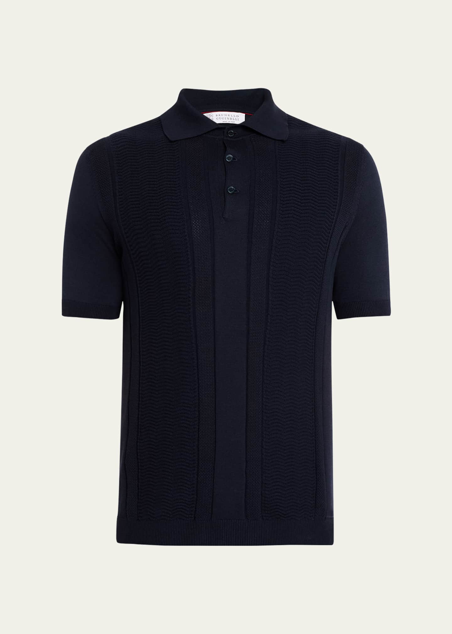 Brunello Cucinelli Men's Cotton Chevron Stripe Short-Sleeve Polo Sweater Image 1 of 5