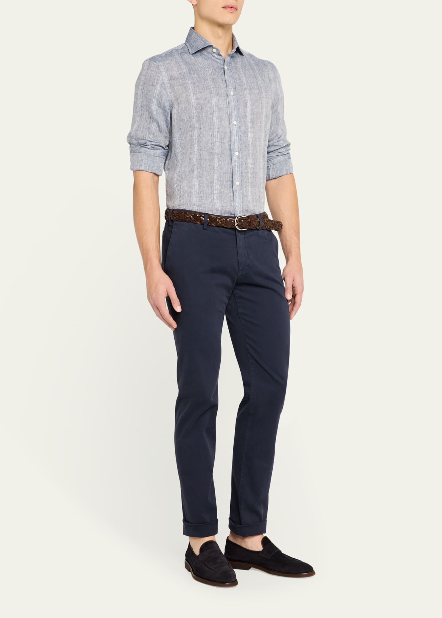 Brunello Cucinelli Men's Denim Pattern Stripe Sport Shirt Image 2 of 5