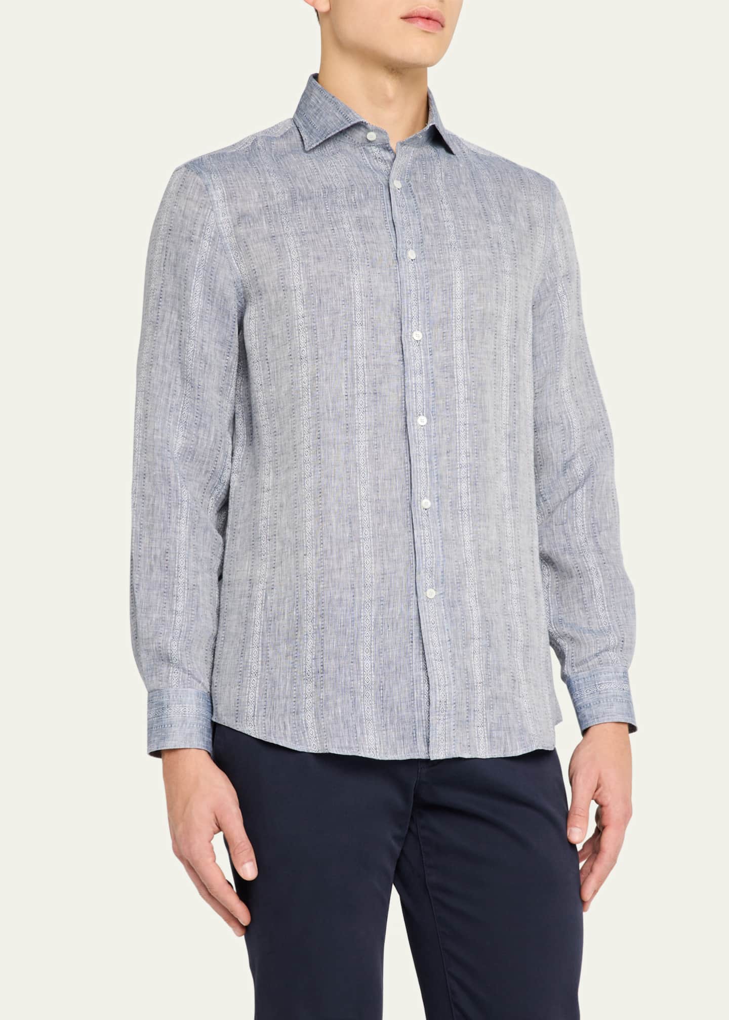 Brunello Cucinelli Men's Denim Pattern Stripe Sport Shirt Image 4 of 5