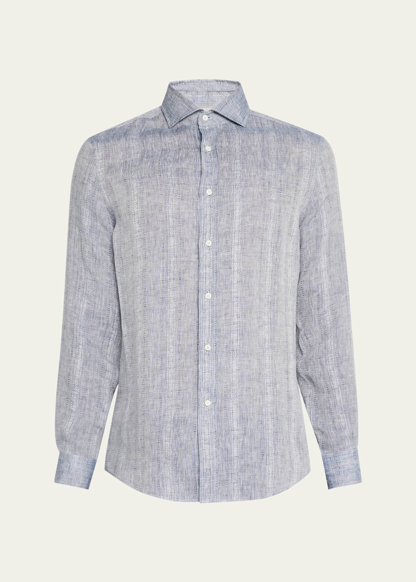 Brunello Cucinelli Men's Denim Pattern Stripe Sport Shirt Image 1 of 5