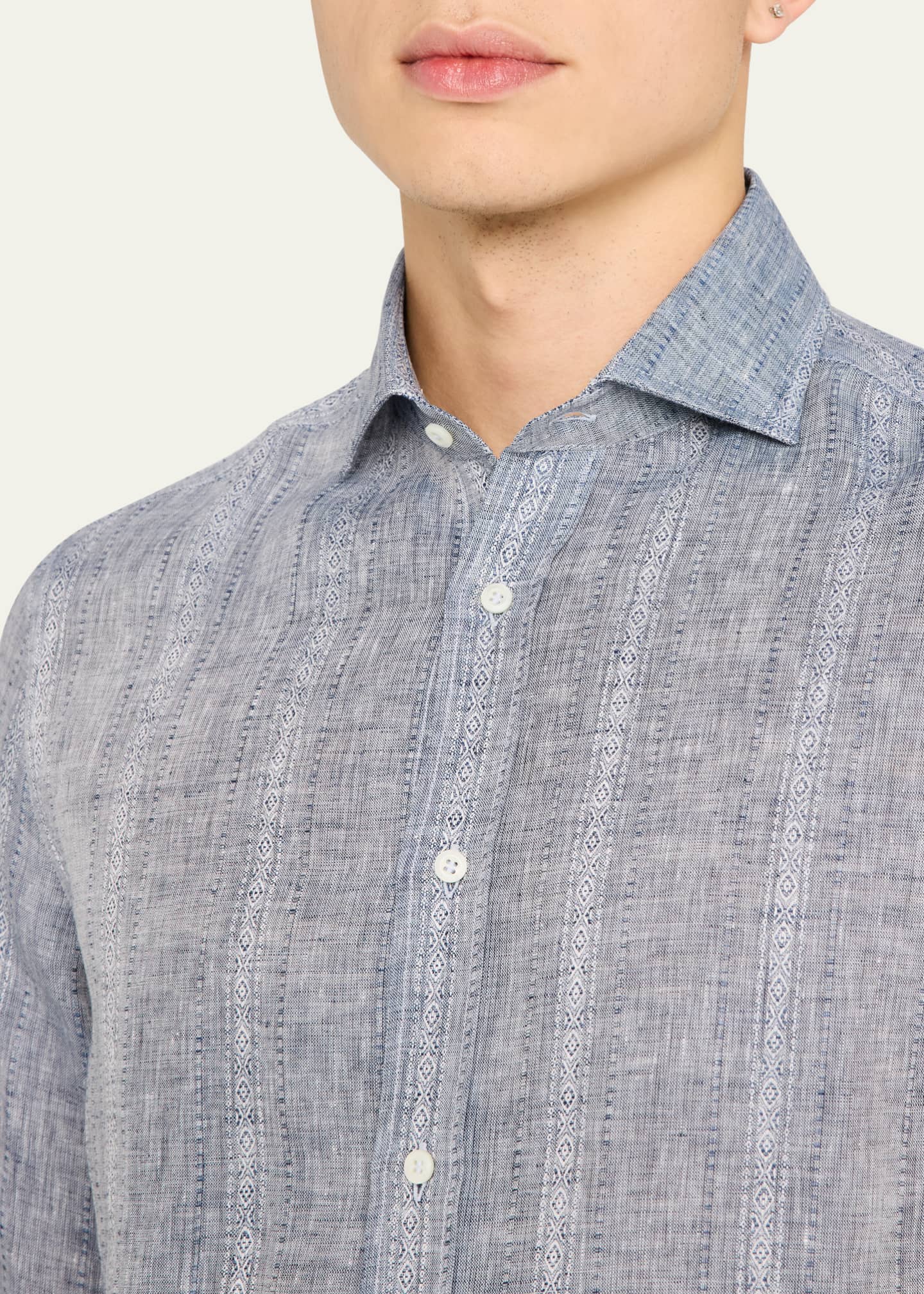 Brunello Cucinelli Men's Denim Pattern Stripe Sport Shirt Image 5 of 5