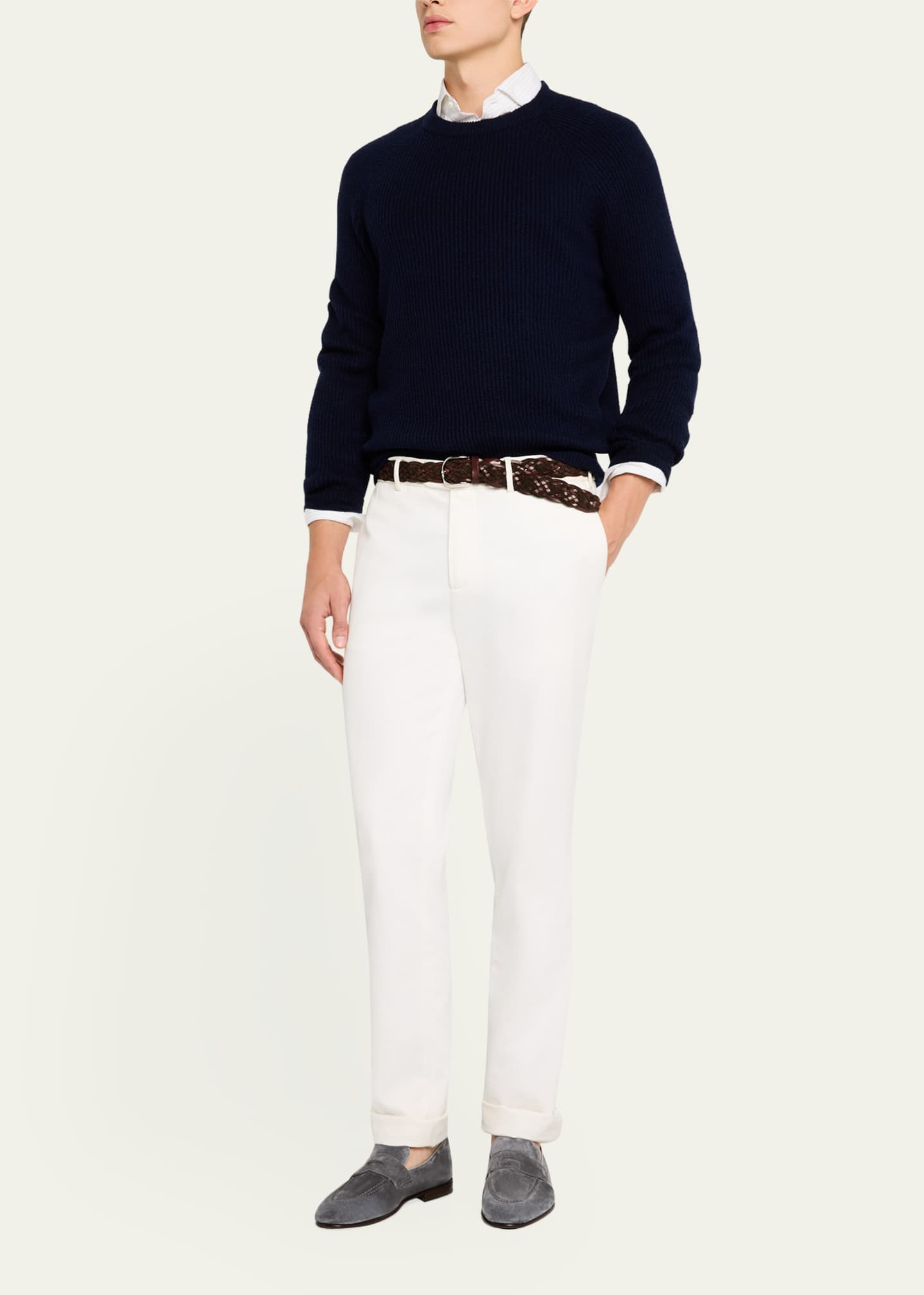 Brunello Cucinelli Men's Cotton English Rib Crewneck Sweater Image 2 of 5