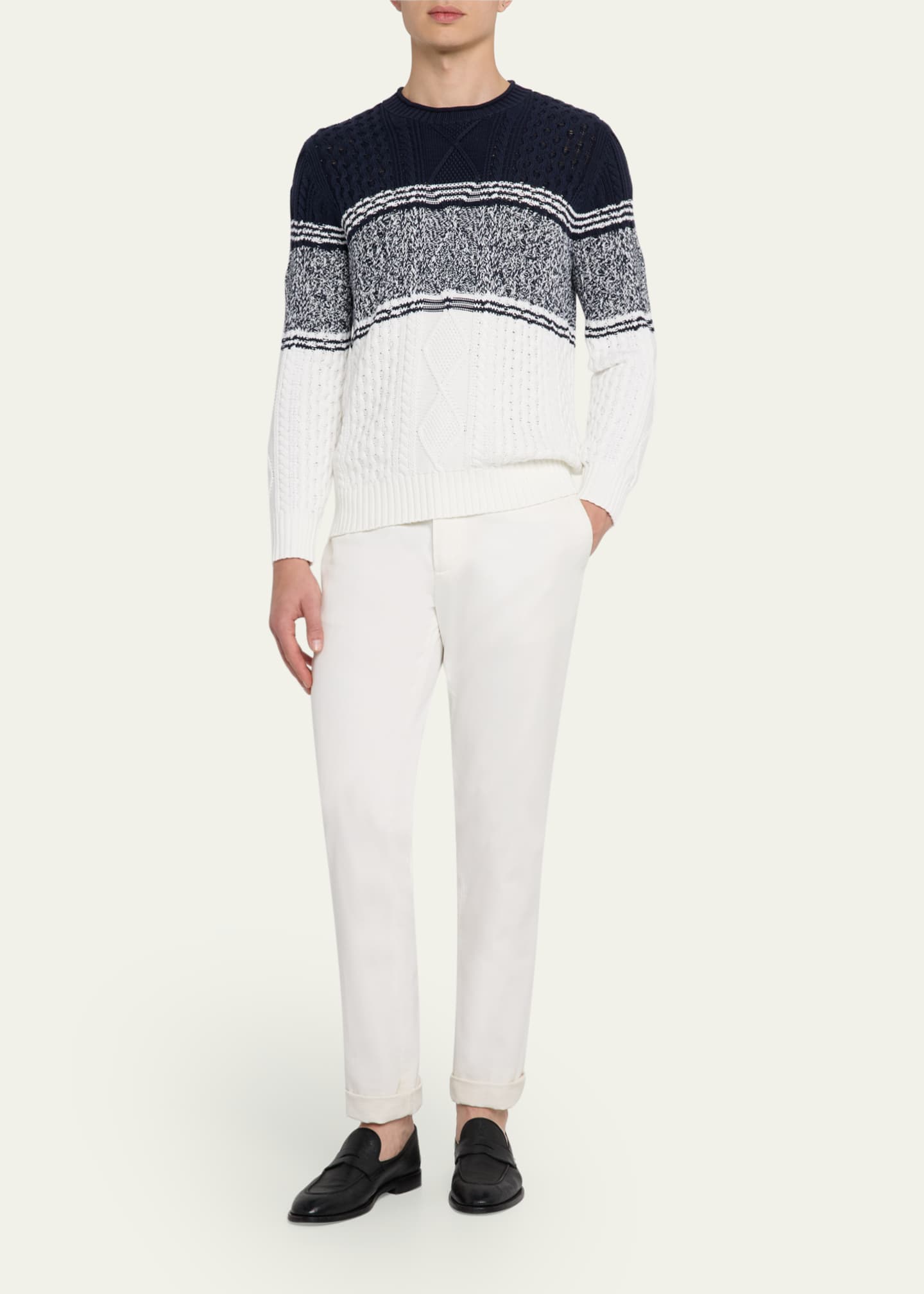 Brunello Cucinelli Men's Color Block Cable-Knit Crewneck Sweater Image 2 of 5