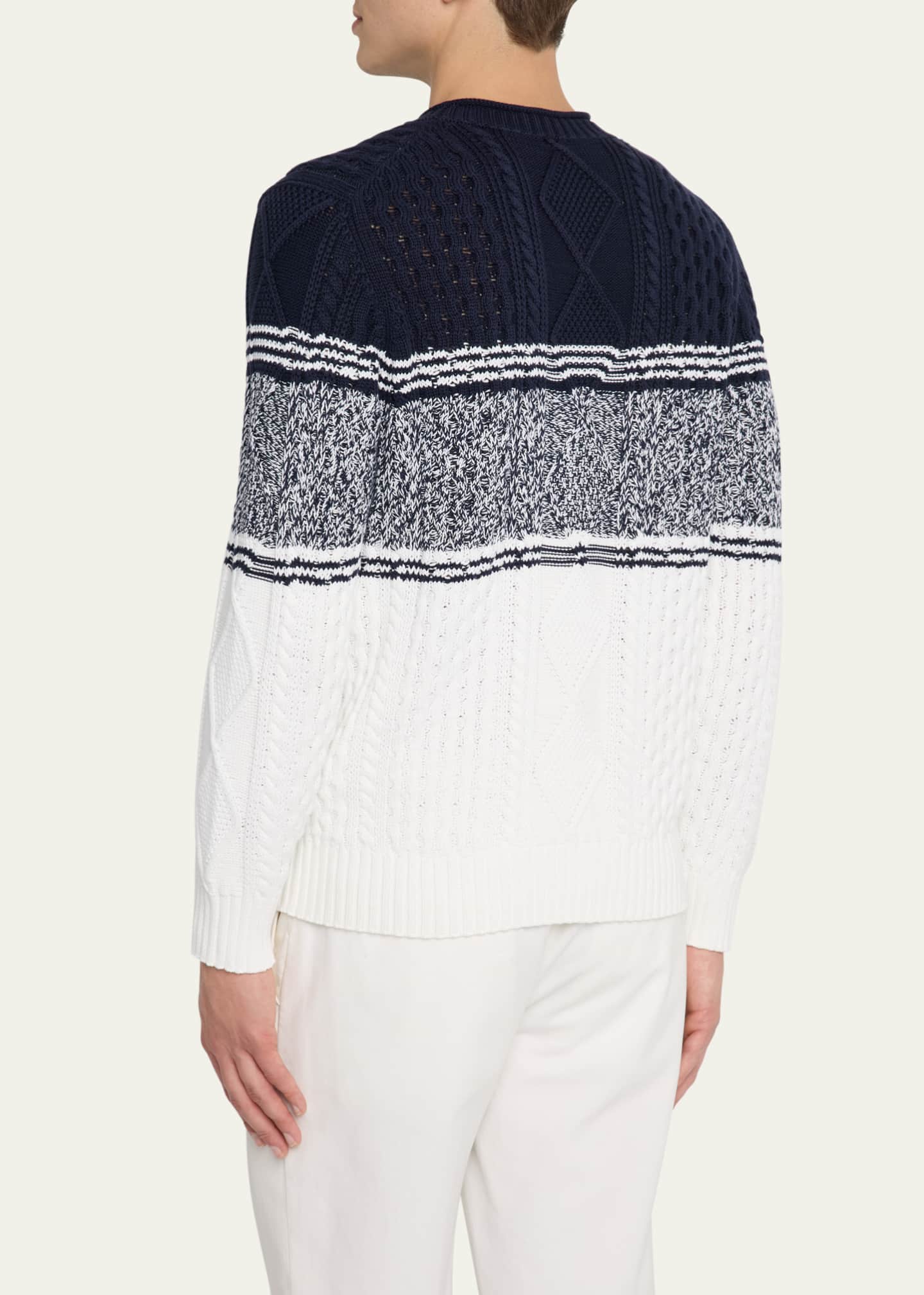 Brunello Cucinelli Men's Color Block Cable-Knit Crewneck Sweater Image 3 of 5