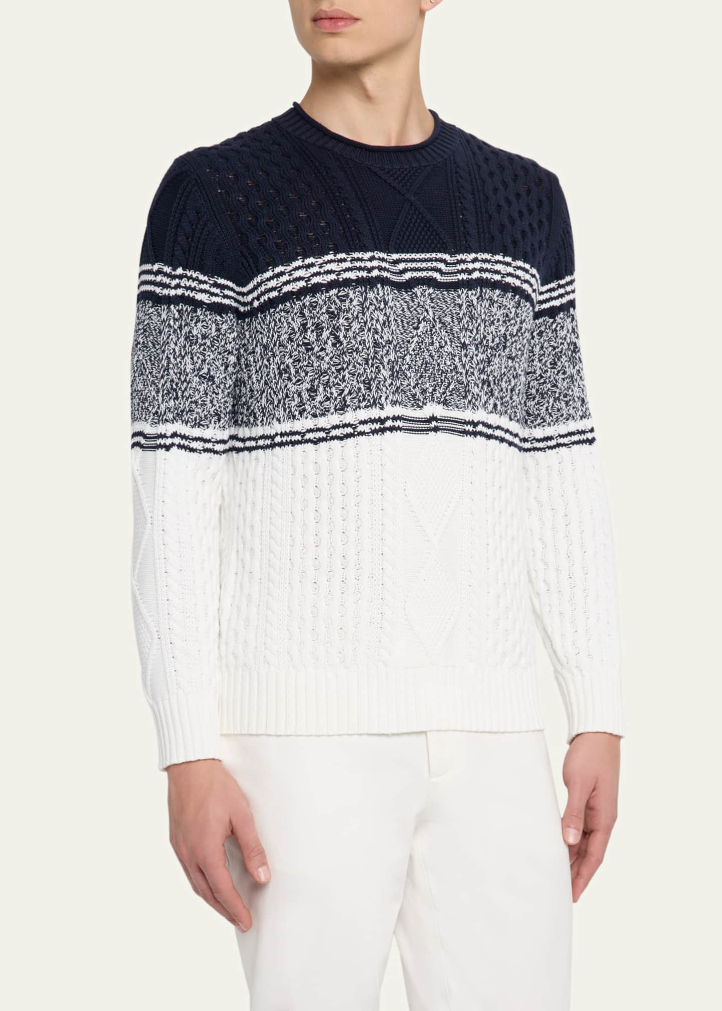 Brunello Cucinelli Men's Color Block Cable-Knit Crewneck Sweater Image 4 of 5
