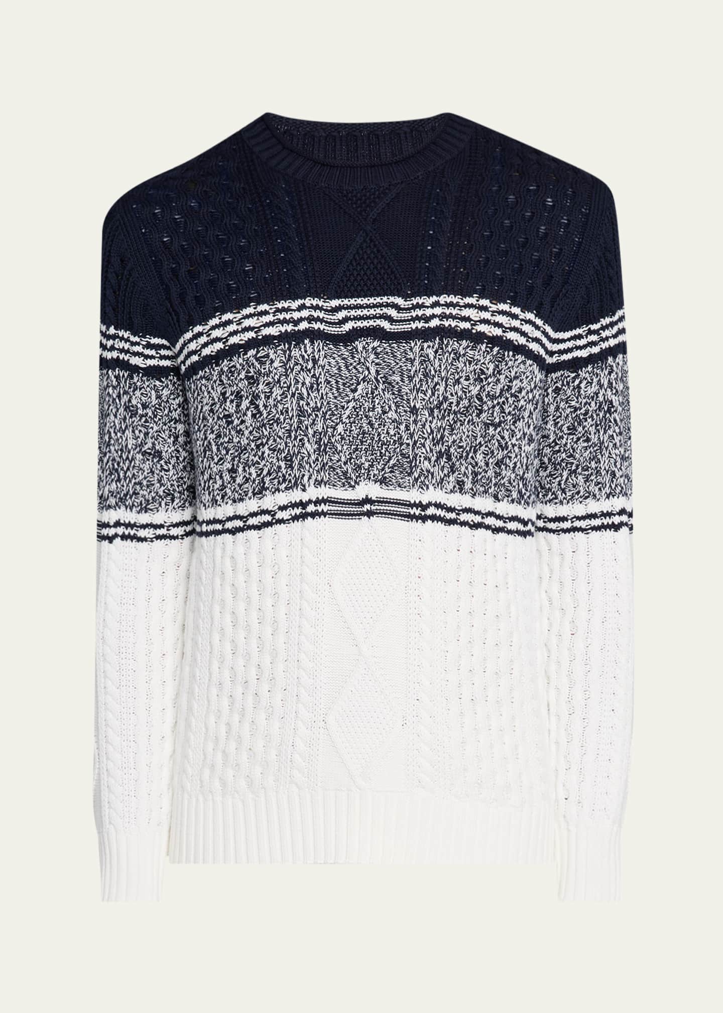 Brunello Cucinelli Men's Color Block Cable-Knit Crewneck Sweater Image 1 of 5