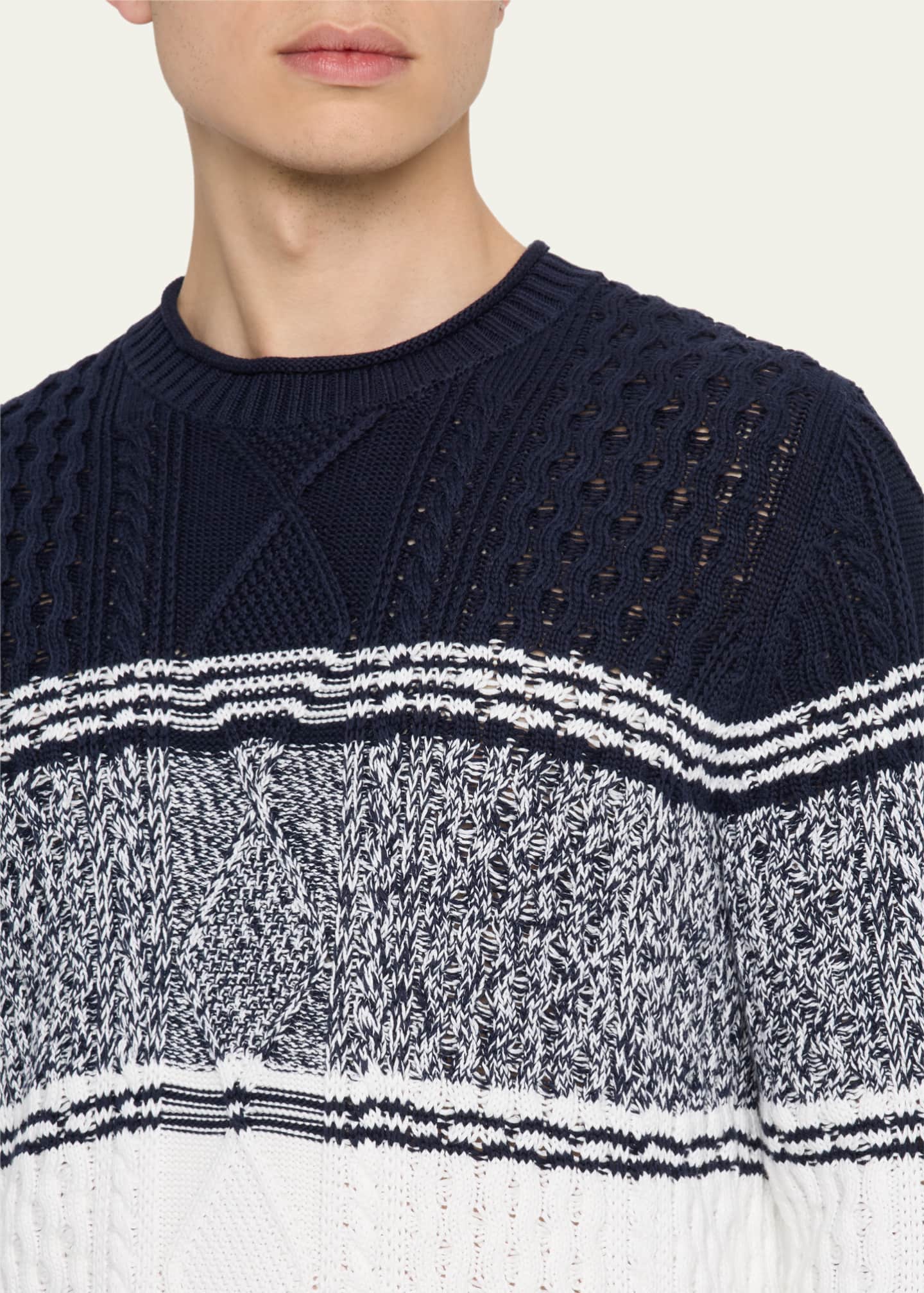 Brunello Cucinelli Men's Color Block Cable-Knit Crewneck Sweater Image 5 of 5