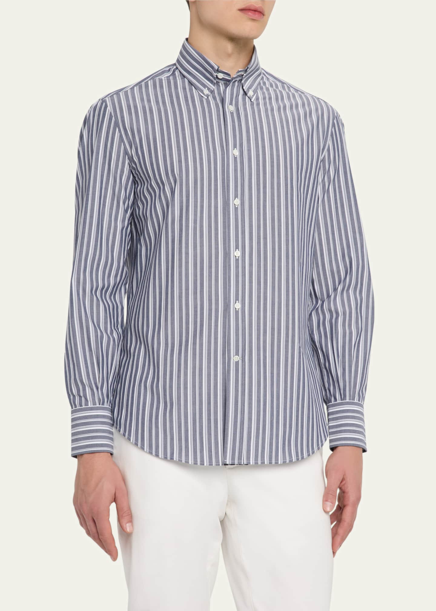 Brunello Cucinelli Men's Cotton Multi-Stripe Sport Shirt Image 4 of 5