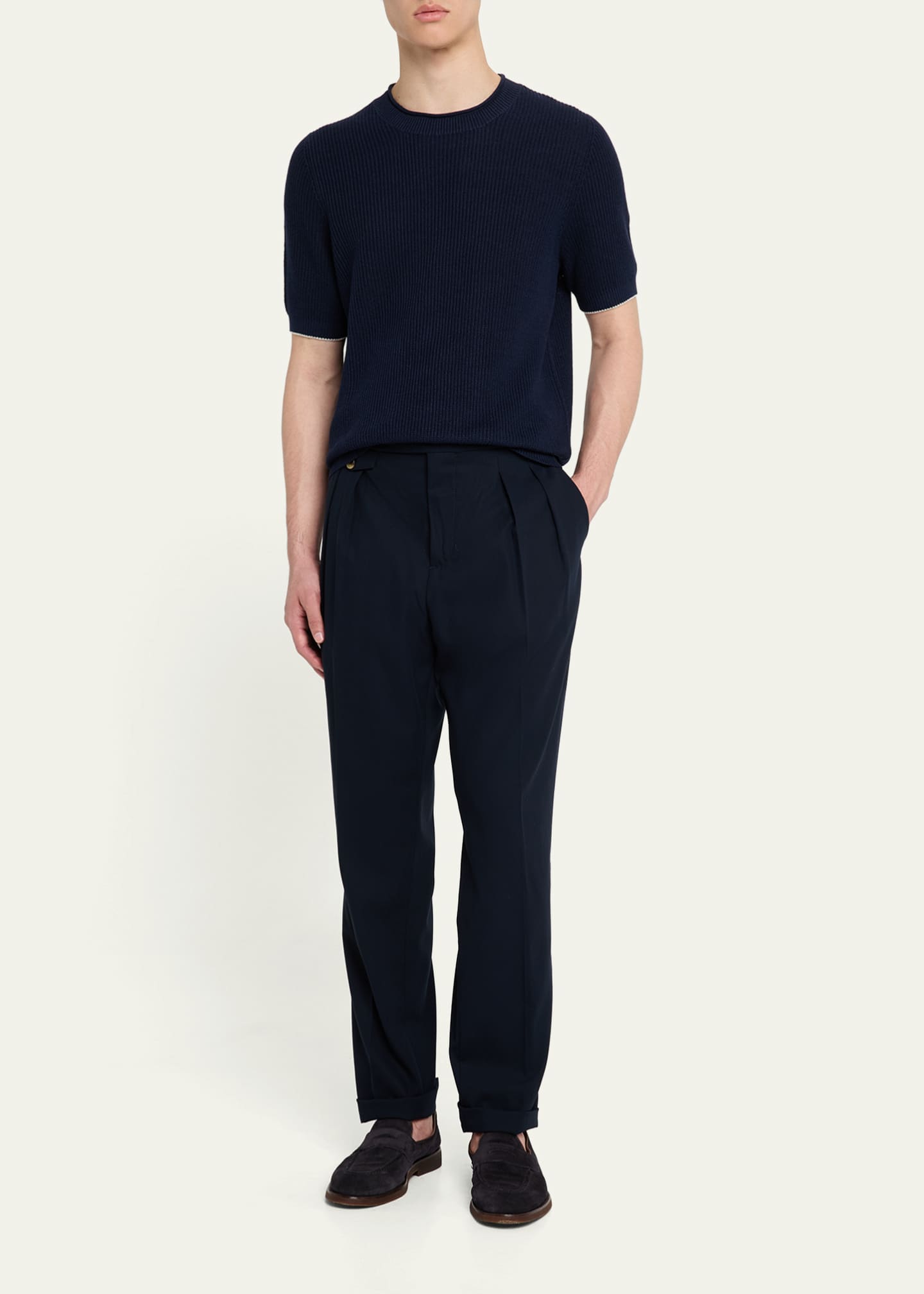 Brunello Cucinelli Men's Ribbed Linen and Cotton Short-Sleeve Crewneck Sweater Image 2 of 5