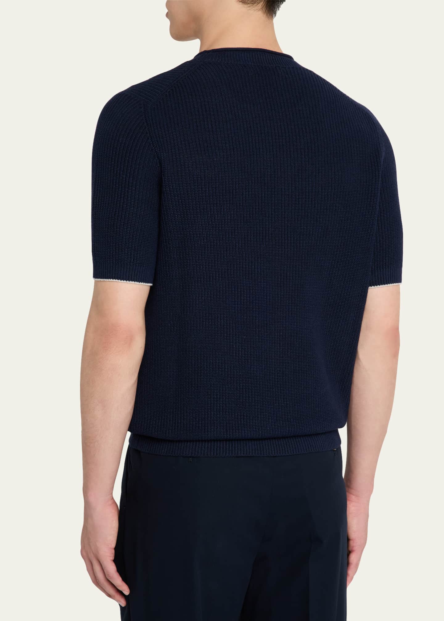 Brunello Cucinelli Men's Ribbed Linen and Cotton Short-Sleeve Crewneck Sweater Image 3 of 5